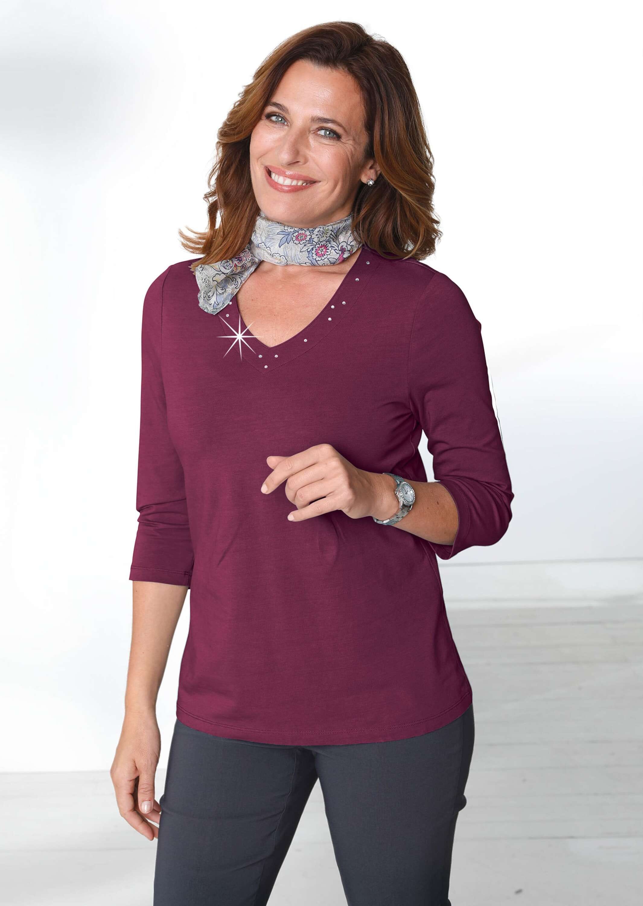 GOLDNER 3/4-Arm-Shirt »T-Shirt mit charmantem Ausschnitt und Schmucksteinchen«