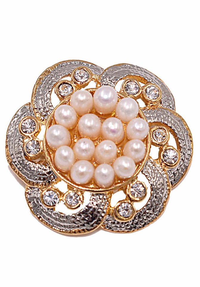 Brosche FIRETTI "Schmuck Geschenk Ansteckschmuck Blume Glitzersteine", gelb (gelbgoldfarben, kristallweiß, weiß, kristallweiß), Broschen, Damen, Messing, Perlen, Brosche, mit Strassstein - mit Süßwasserzuchtperle 3
