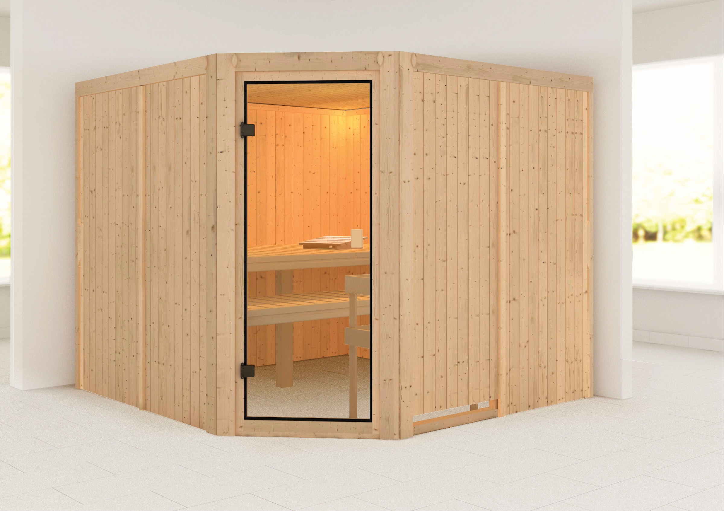 Karibu Sauna »Ysla(Eckeinstieg)«, inklusive Ofenschutzgitter und Tür