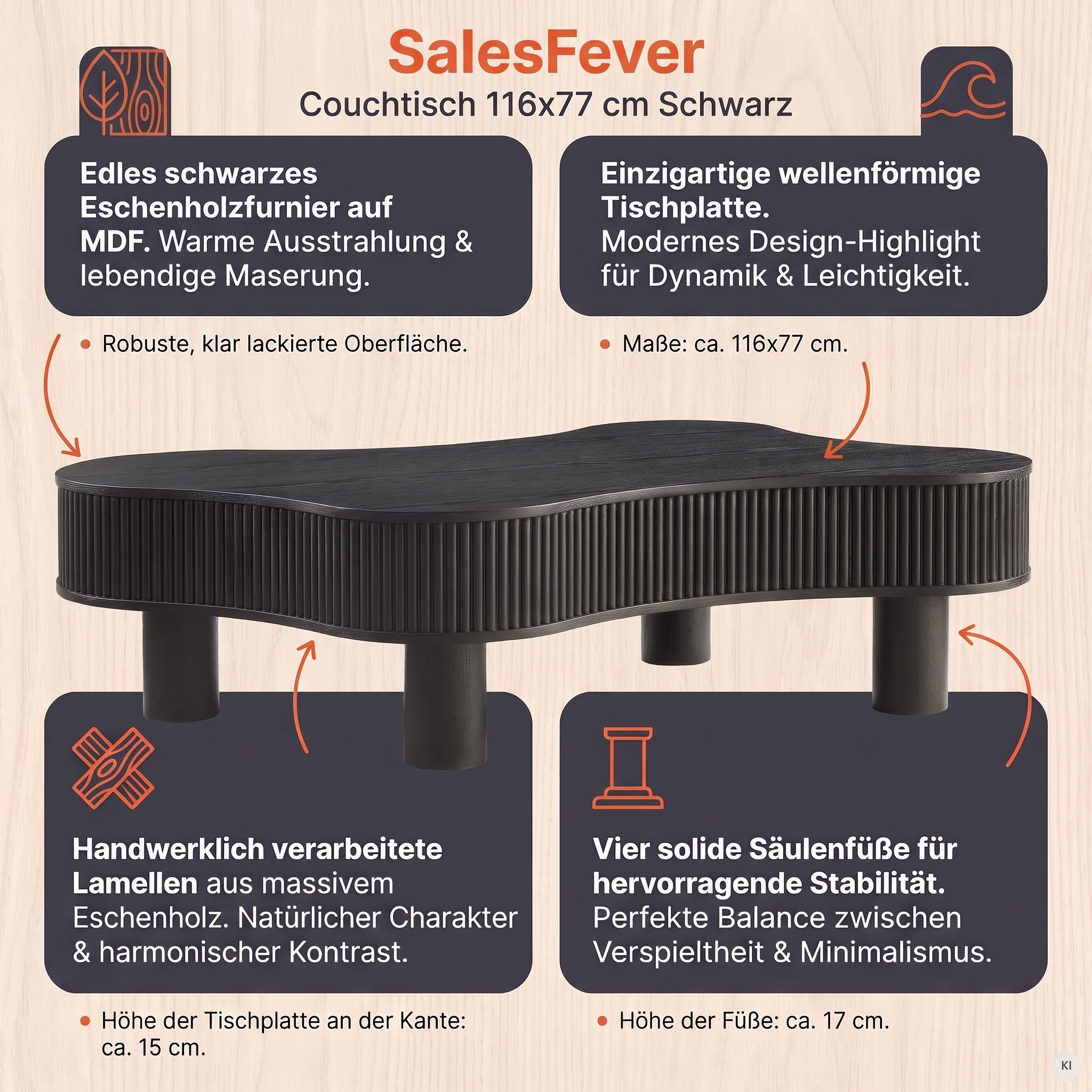 SalesFever Couchtisch »Wohnzimmertisch organisch mit Massivholz-Lamellen 115 x 75 cm« 1 Stk. tlg. Stilvoller & moderner Holztisch mit Echtholzfurnier