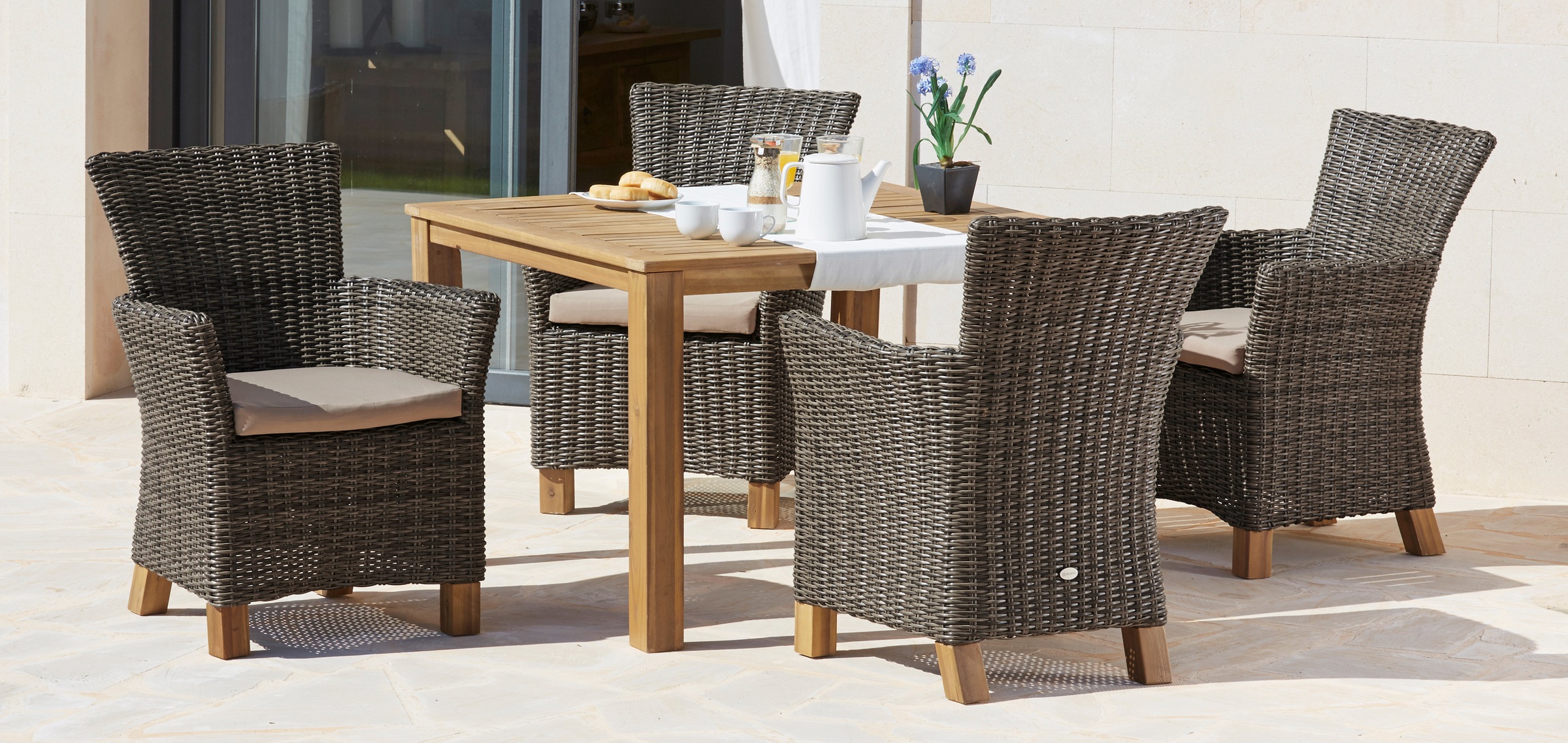 Garten-Essgruppe MERXX "Toskana", braun (hellbraun), Polyrattan, Sitzmöbel-Sets, 4 Sessel, Tisch 110x110x75 cm, Polyrattan/Akazie