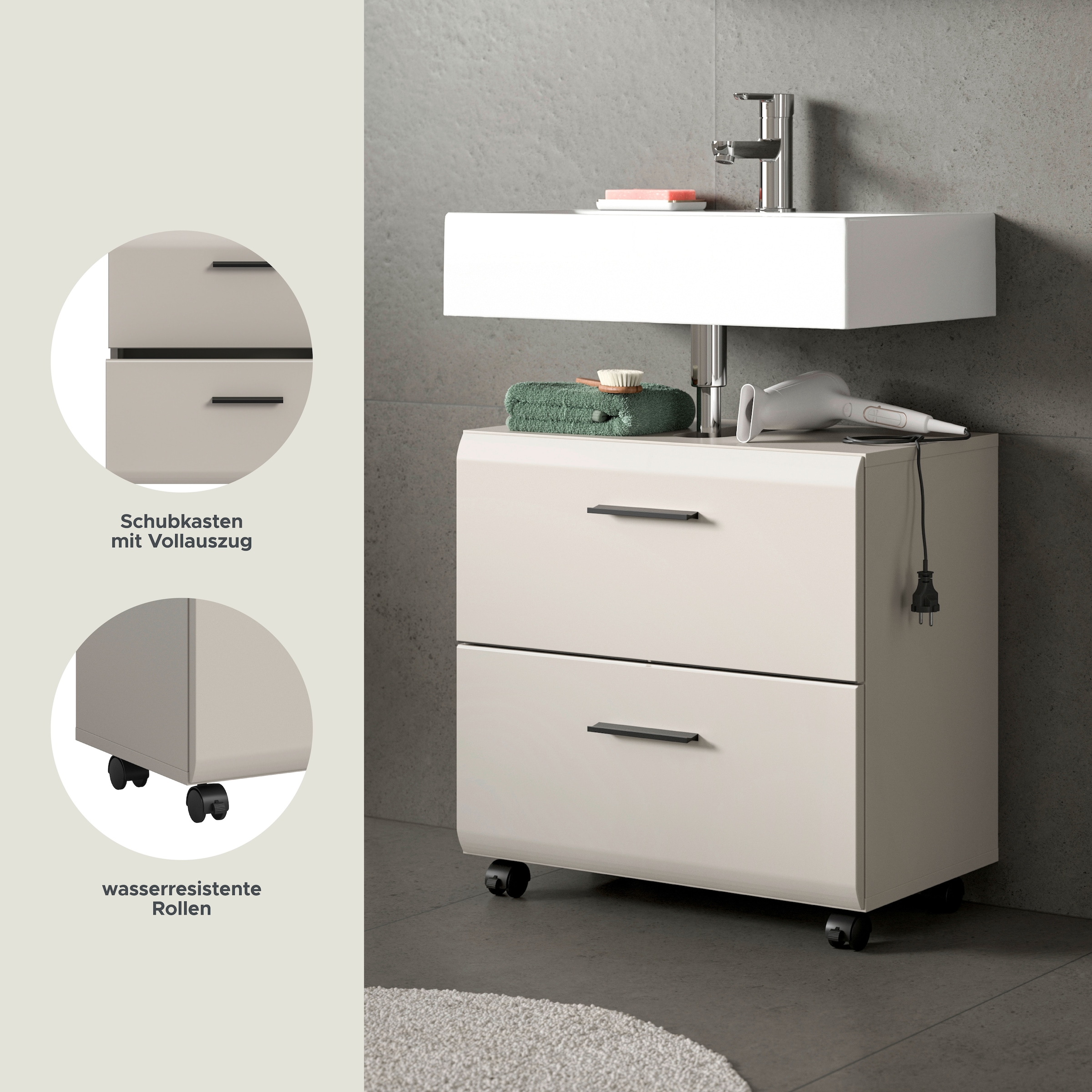 welltime Waschbeckenunterschrank »FLORENZ, Waschbeckenunterschrank mit Rollen, hochwertige MDF-Front« 1 Stk. tlg. Waschbeckenunterschrank, WBU, Unterschrank, Bad, Badezimmer