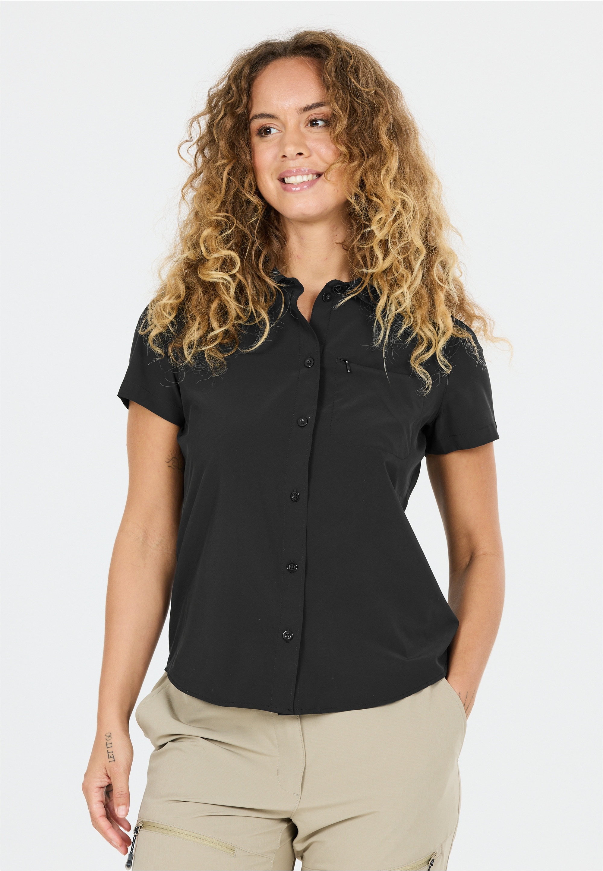 Kurzarmbluse WHISTLER "Jeromy", Damen, Gr. 48, schwarz, 92% Polyester, 8% Elasthan, unifarben, normal, ohne Ausschnitt, Blusen, Quick Dry