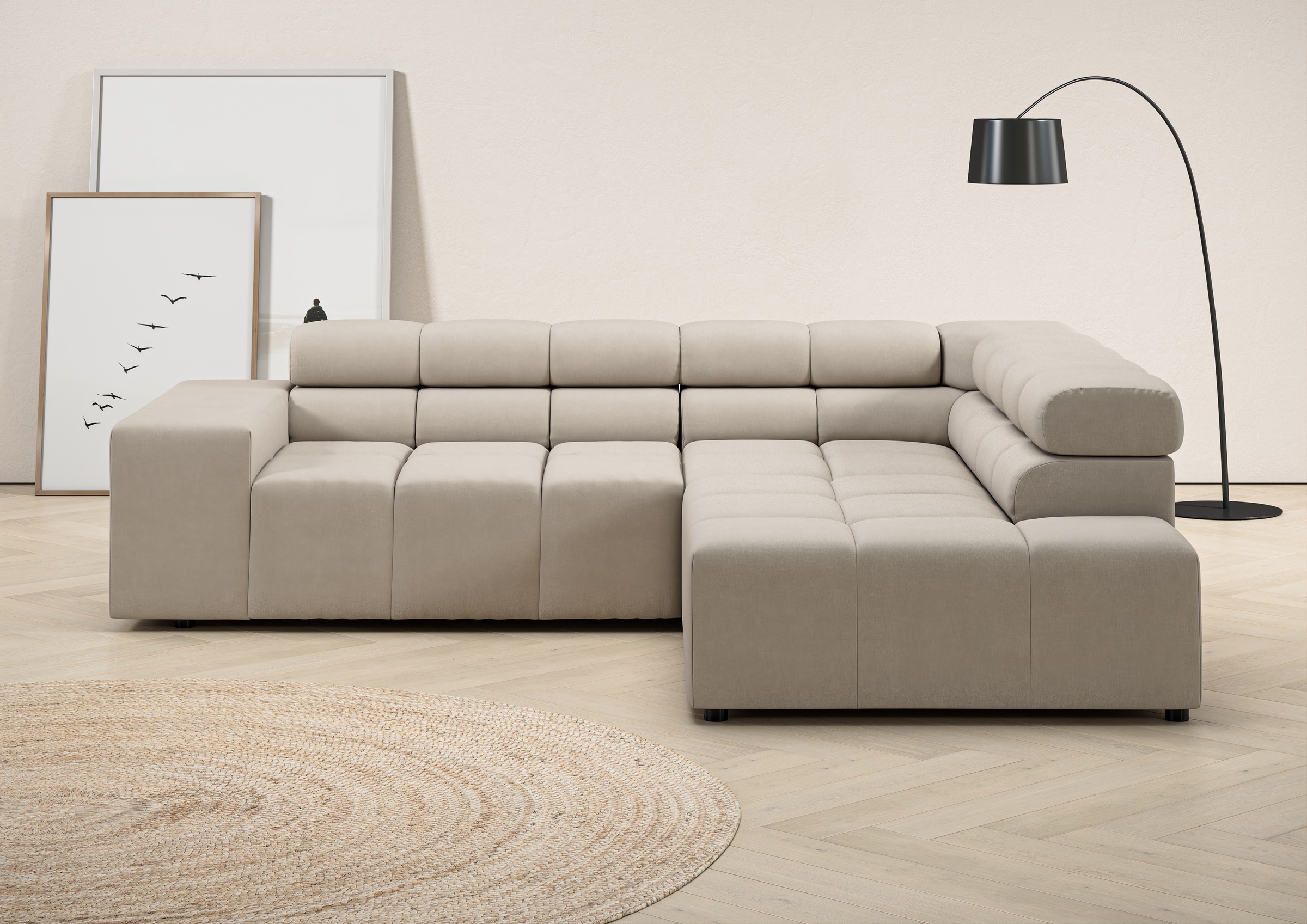 Ecksofa HOME AFFAIRE "Ancona, incl. Kopfteilverstellung + 3 Zierkissen, L-Form, Breite 249cm", grau (taupe), B:249cm H:70cm T:215cm, 100% Polyester, Sofas, Ecksofa, wahlweise motorische Sitztiefenverstellung, B/T(H: 249/215/70 cm