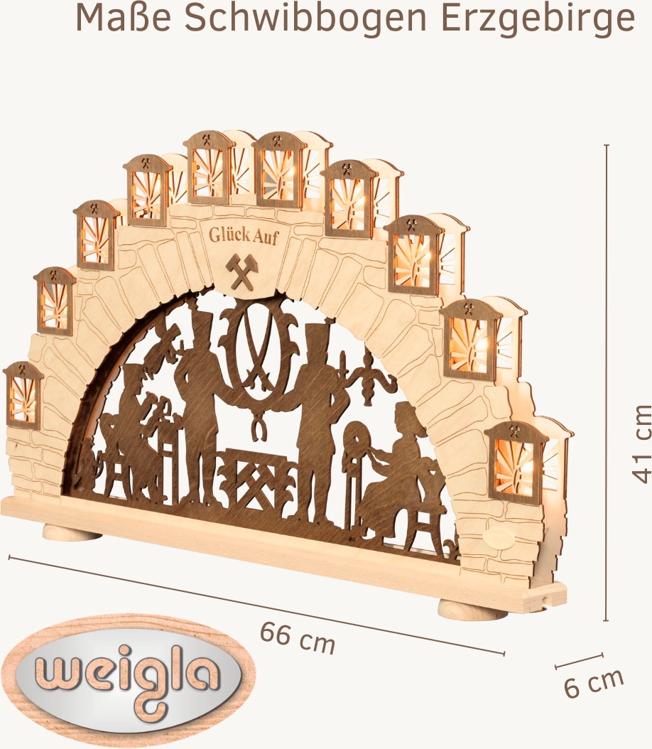 Weigla Schwibbogen »Erzgebirge, Motiv Bergmann, Lichterbogen aus Holz, NATUR-BRAUN«, Erzgebirge garantiert, Weihnachtsdeko Innen, Weihnachtsbeleuchtung