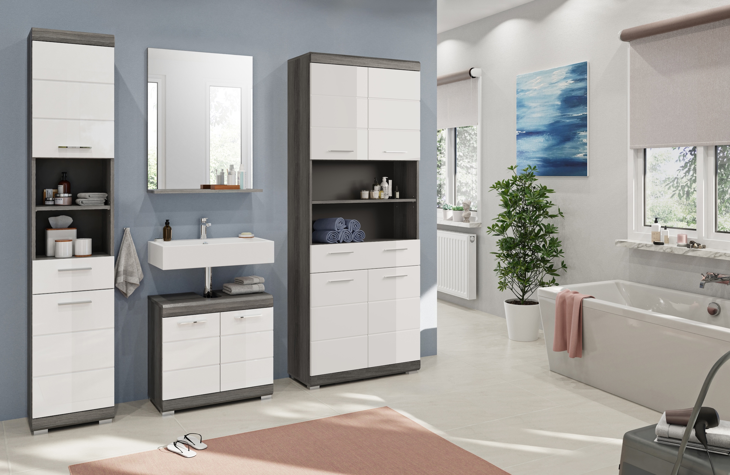 INOSIGN Badmöbel-Set »Siena, 4 teilig, bestehend aus:«, (Set, 4 St.), Hochschrank, Waschbeckenunterschrank, Badspiegel, Hochschrank breit
