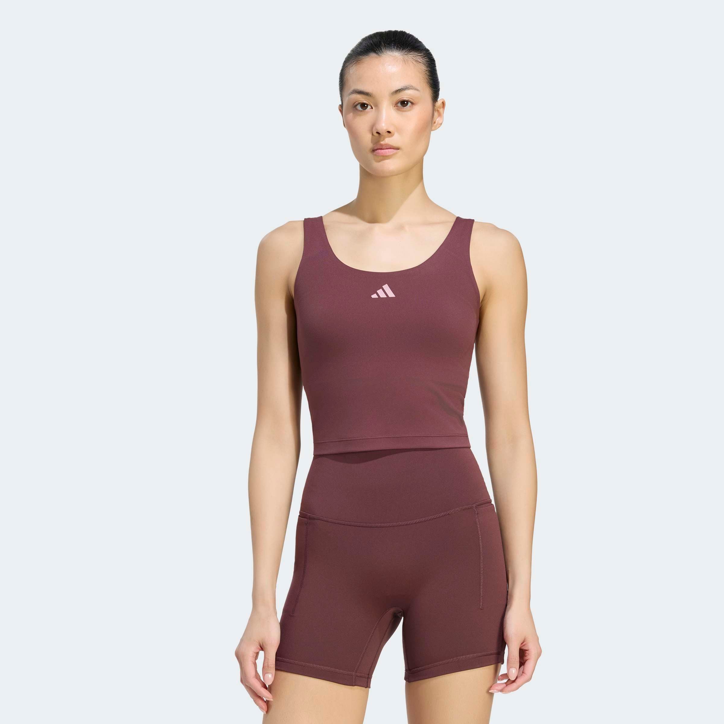Damen Tanktop "3-STREIFEN STUDIO ALL ME, LEICHT STÜTZEND", braun, Gr. M, ADIDAS PERFORMANCE, Obermaterial: 79% Polyester, 21% Elasthan (LYCRA), Tops