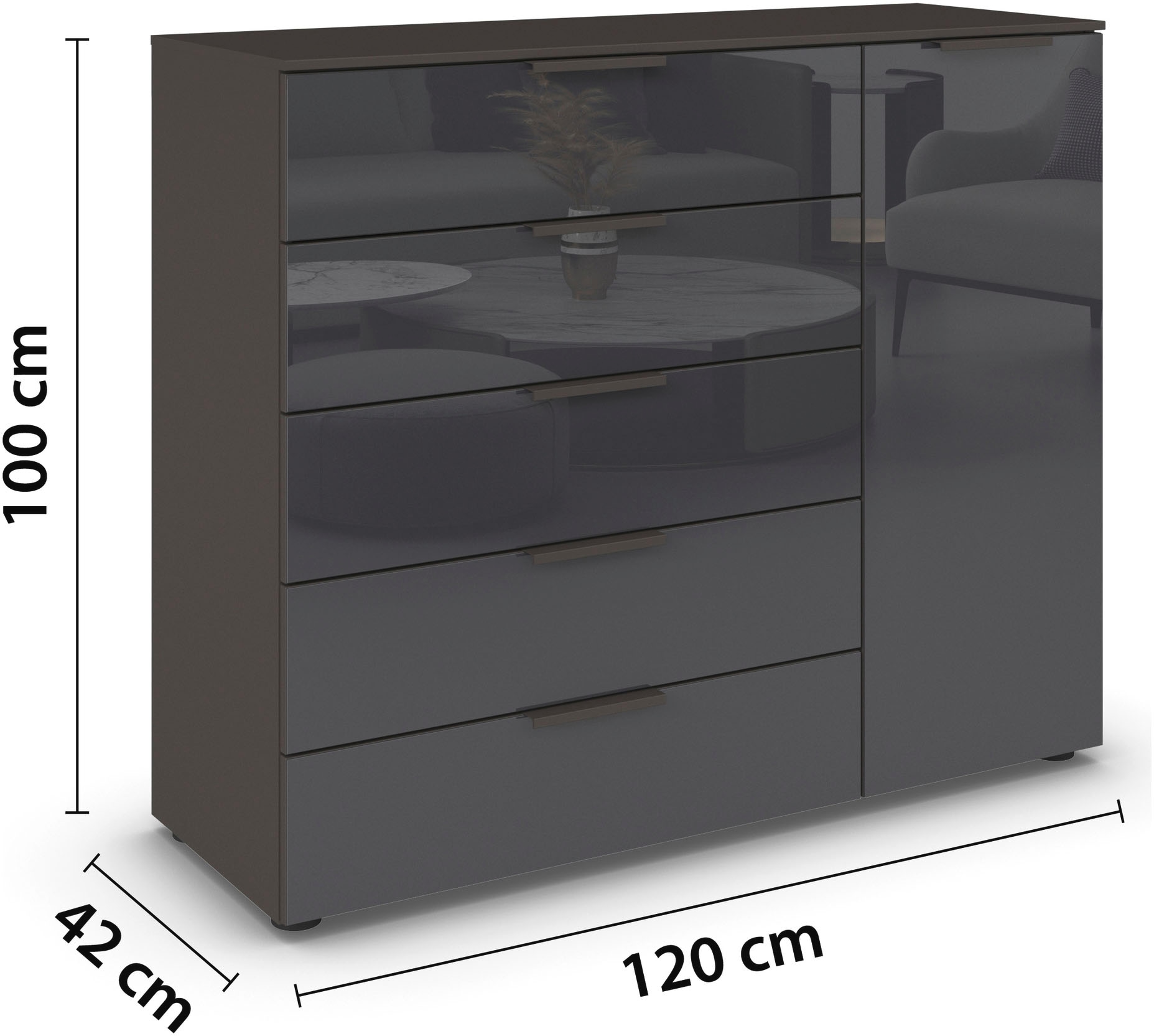 rauch Schubkastenkommode »Kommode Türkommode Sideboard Kombikommode FLIPP mit Glasfront« Breite 120 cm mit 2 Einlegeböden,  1-türig mit 5 Schubladen und Soft-Close-Funktion sowie Glasfront