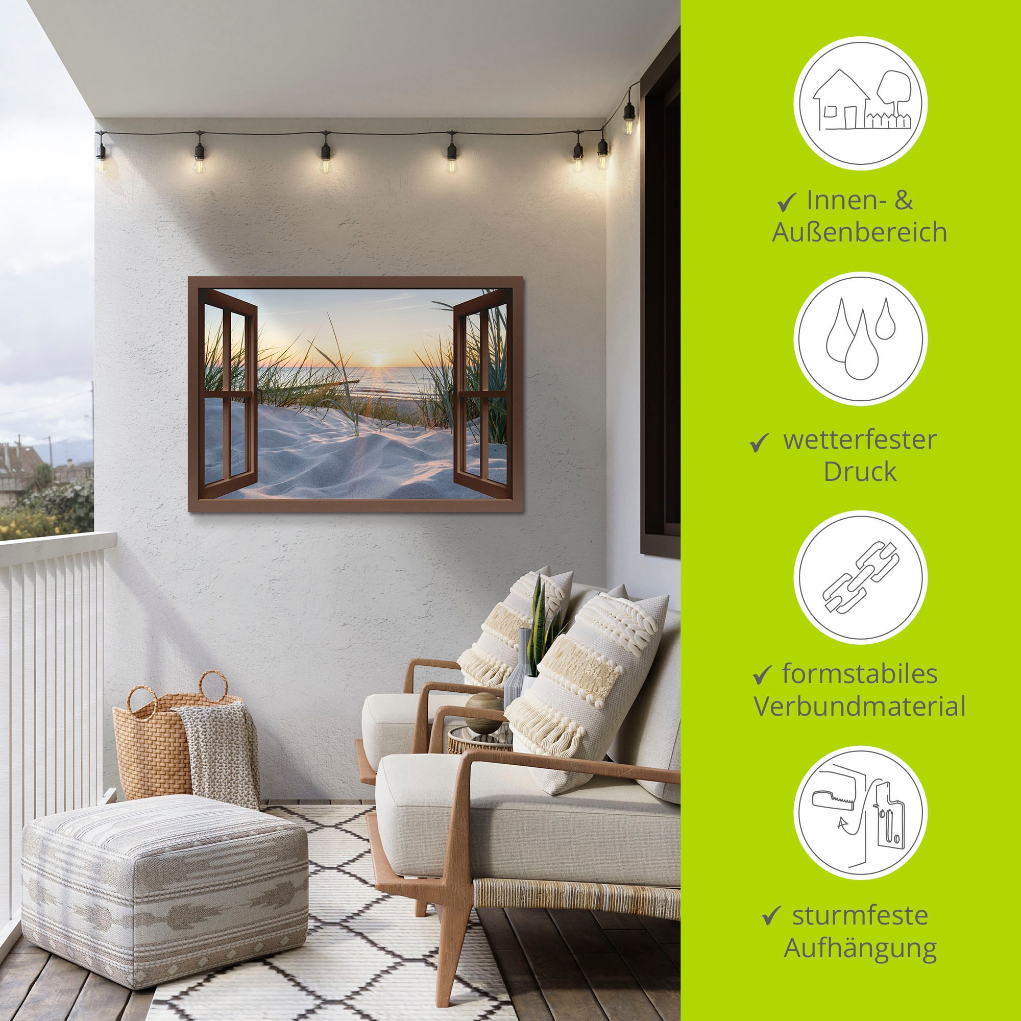 Artland Wandbild »Ostseestrand durchs Fenster«, Meer Bilder, (1 St.), als Alubild, Outdoorbild, Leinwandbild, Wandaufkleber, versch. Größen