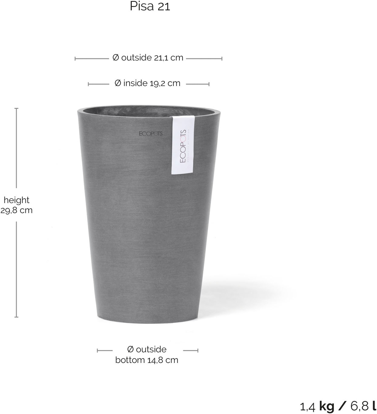 ECOPOTS Blumentopf »Pisa 21 Grau« für den Innenbereich