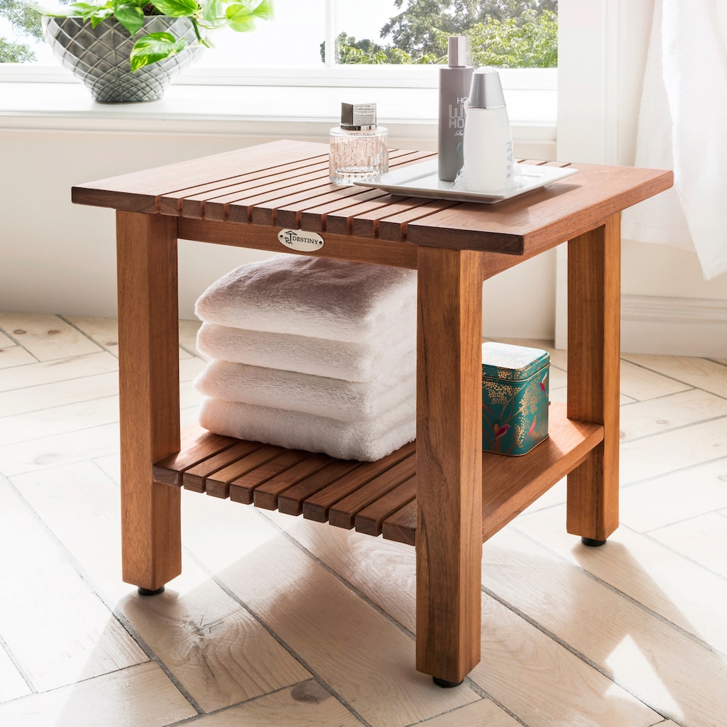 Destiny Badhocker »SPA & LIVING«, Beistelltisch geriffelt mit Ablagefach 45x32x44 cm, Teak