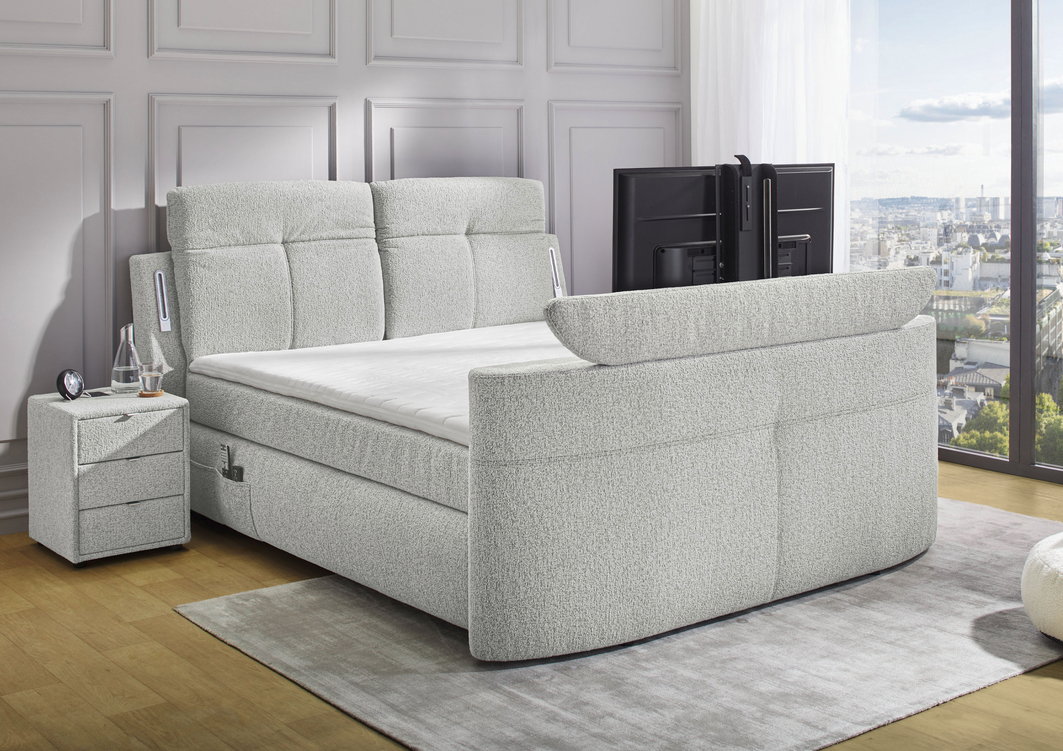 Jockenhöfer Gruppe Boxspringbett "MOVIESTAR, mit Taschenfederkernmatratze H3-H4, inkl. LED-Beleuchtung" wahlweise Strukturstoff-Bezug oder Microfaser-Bezug, 180x200cm