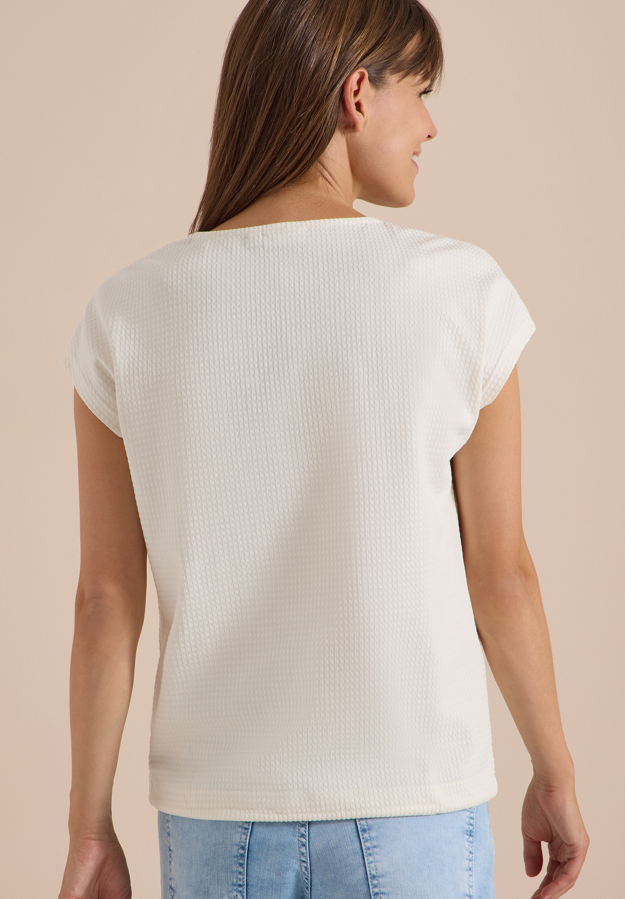 Cecil T-Shirt Sommershirt mit Waffel-Struktur, Baumwollmix, Kordelzug am Saum