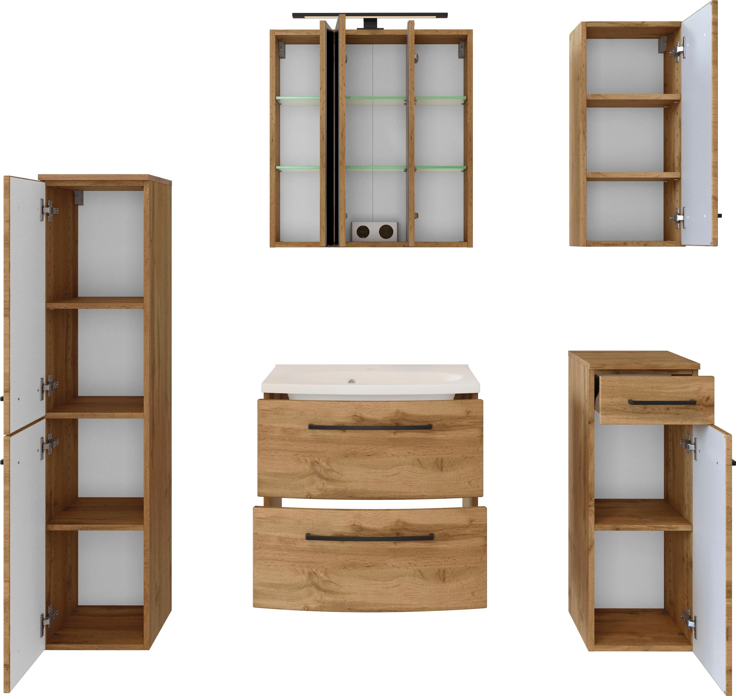 welltime Badmöbel-Set »Chicago«, (5 St., Spiegelschrank, Waschtisch, Hängeschrank, Unterschrank, Midischrank)