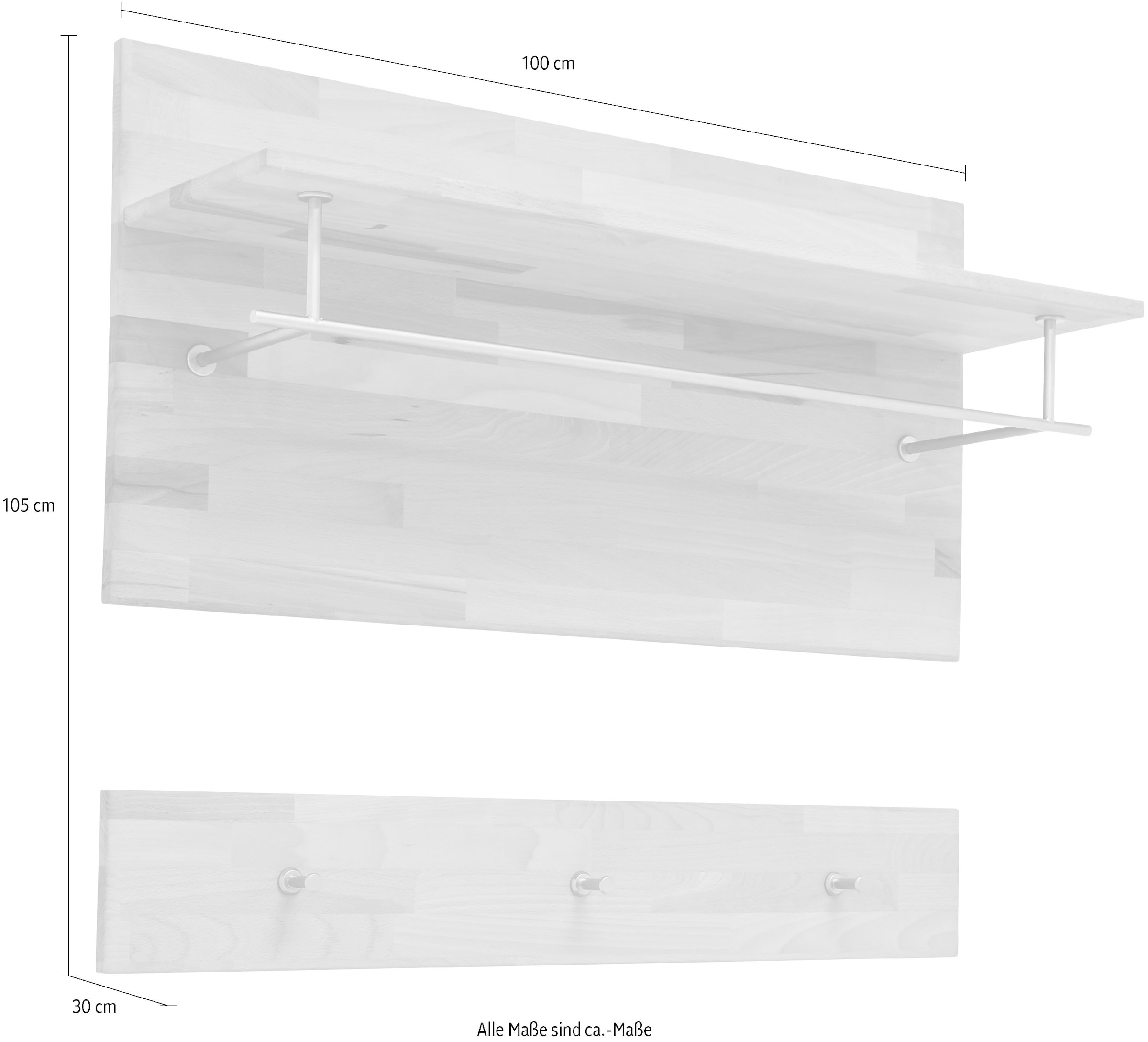 MCA living Garderobenpaneel »Fenja Paneel mit Boden, Schlüsselpaneel, Wandpaneel, Wandboard«, (Set, 1 St.), Massivholz, Kernbuche, Haken, Kleiderstange, Ablageboden,Breite 100 cm