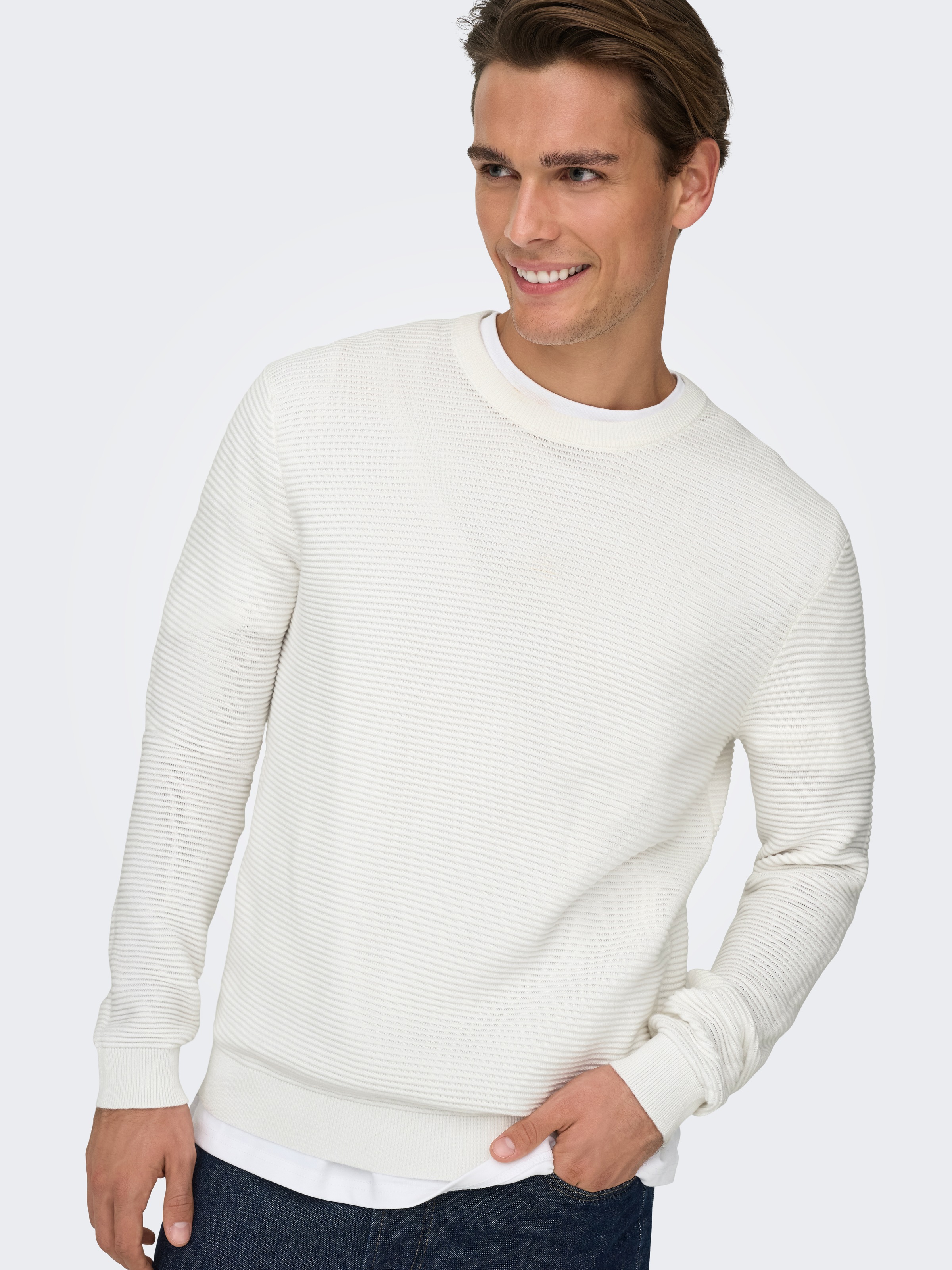 ONLY & SONS Rundhalspullover "ONSRON REG LS CREW NECK KNIT NOOS" Baumwolle, günstig online kaufen