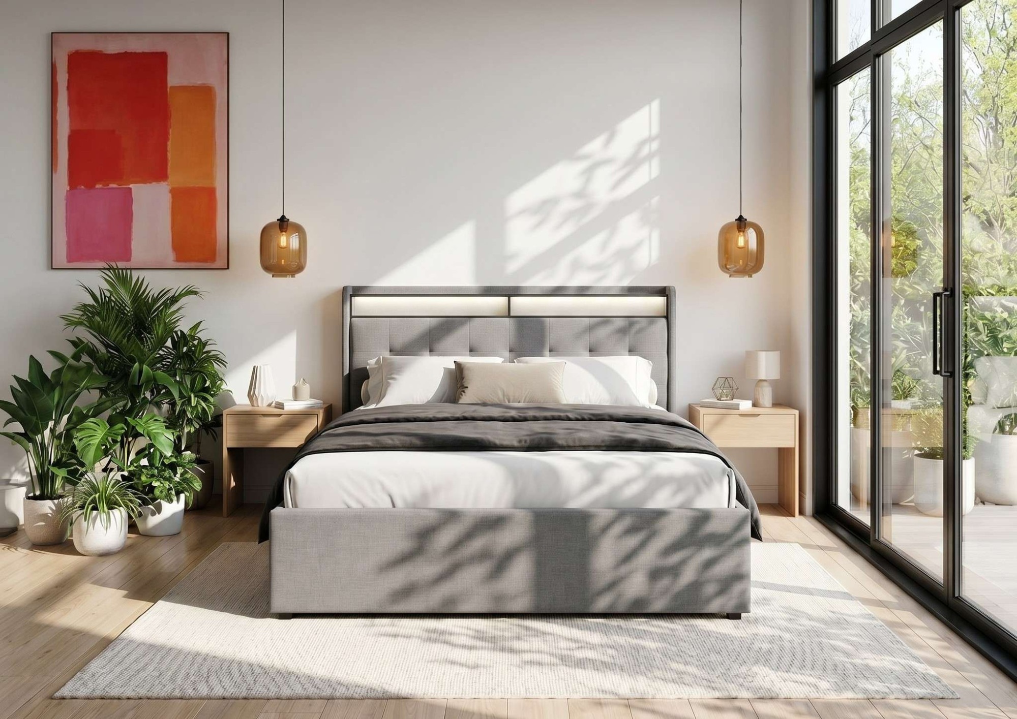 OTTO home Polsterbett »Hamar, beleuchtetes Regal, USB/ USB-C, bis 250 KG belastbar« LED-Licht und USB und USB-C Ladegerät im Kopfteil, Knopfsteppung