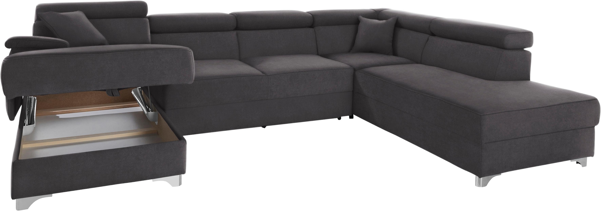 DOMO collection Wohnlandschaft »Mira, inklusive Kopfteilverstellung für mehr Wohlfühlkomfort, U-Form«, wahlweise mit Bettfunktion und Bettkasten, elegant und modern