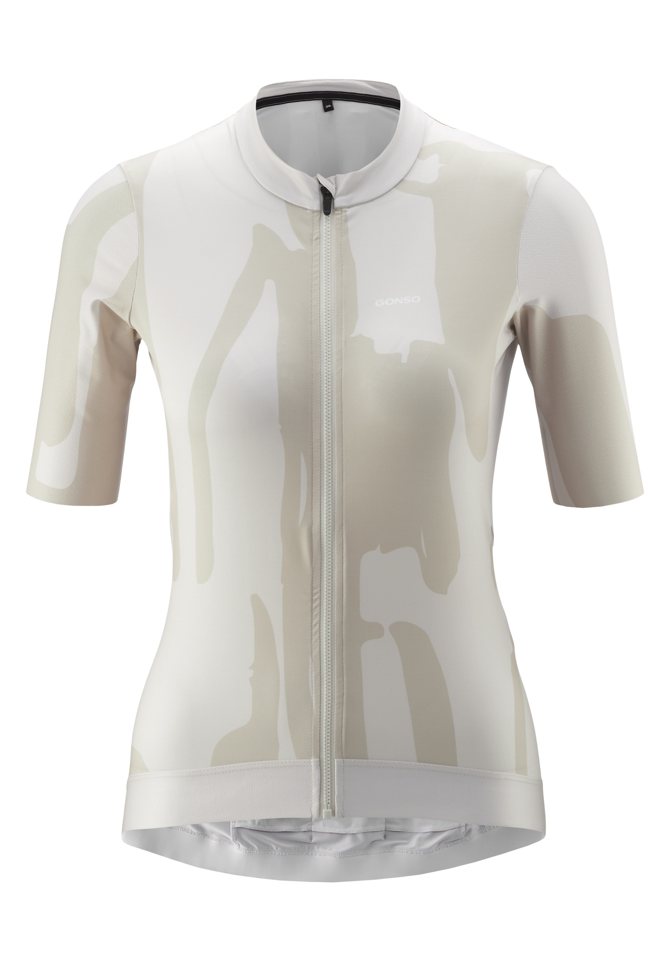 Radtrikot GONSO "Road Jersey Print W", Gr. 40, hellgrau, 86% Polyester, 14% Elasthan, Rundhals, Trikots, Damen Fahrradtrikot, modernes Trikot mit 3-teiliger Rückentasche