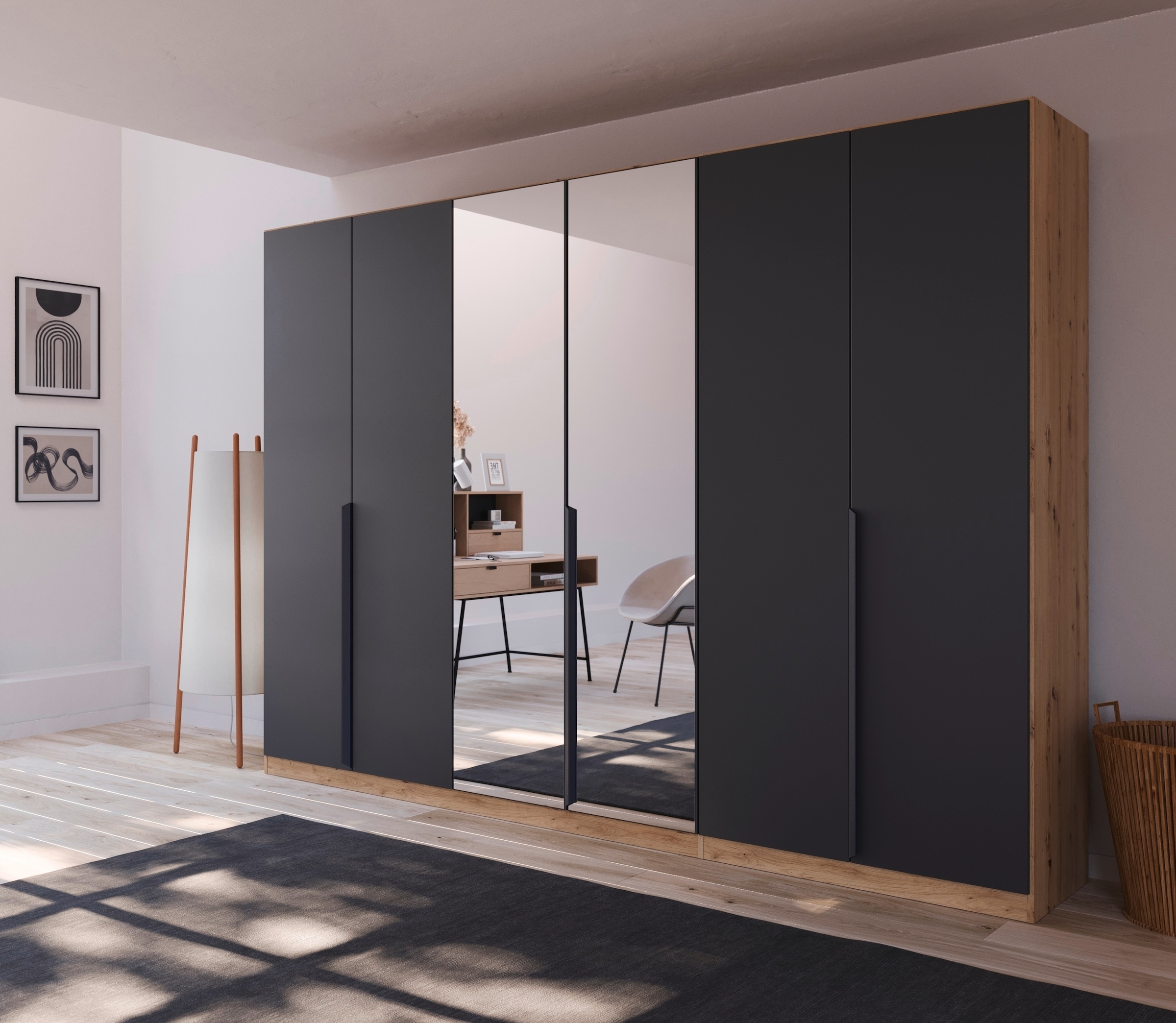 rauch Drehtürenschrank »Dark&Wood by Quadra Spin«, im Industrial Style mit Metallgriffstangen, mit Spiegel