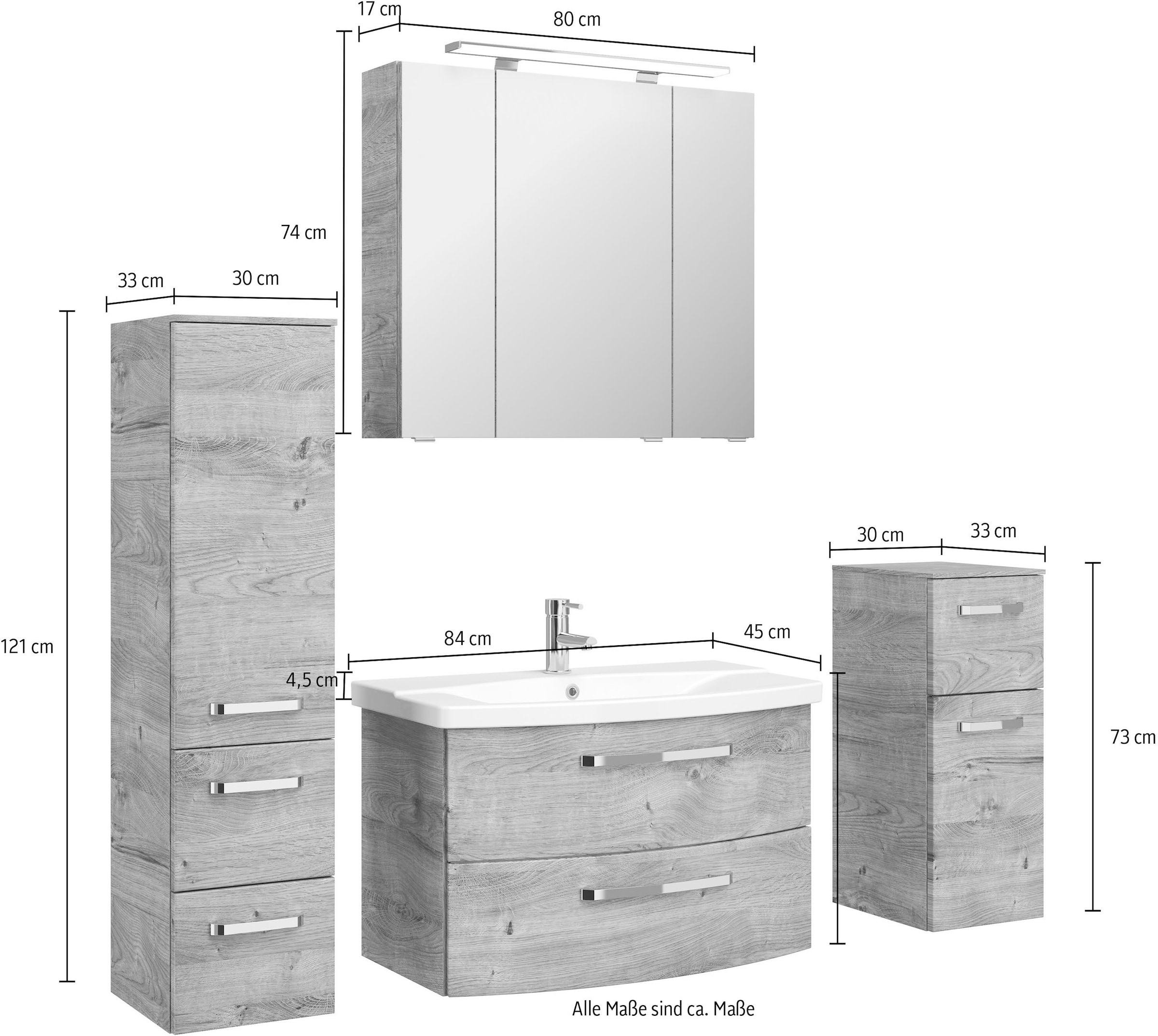 Saphir Badmöbel-Set »Serie 4010 4-teilig Keramik-Waschtisch mit LED-Spiegelschrank«, (Set), Badezimmer Set mit Unterschrank, Midischrank, inkl. Türdämpfer
