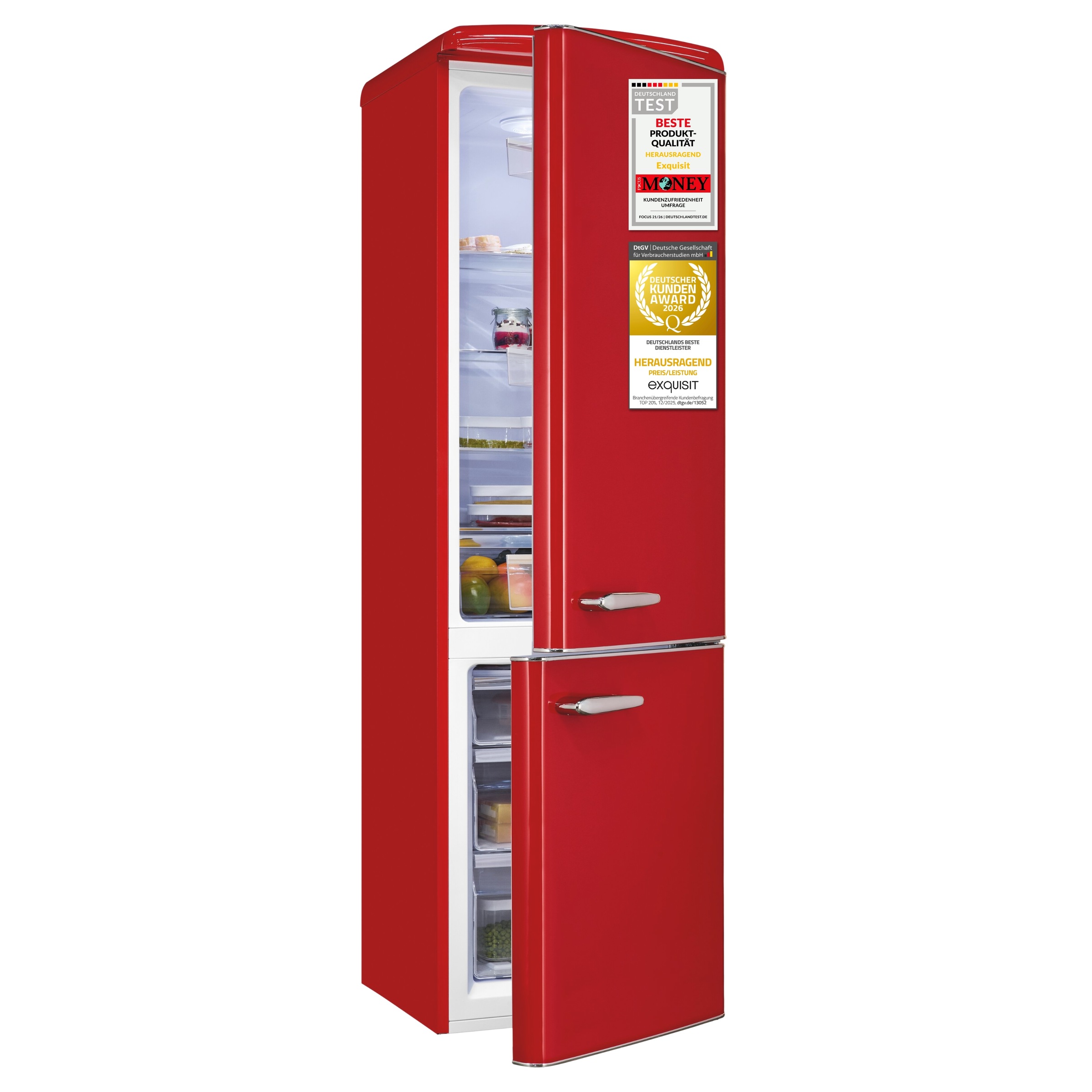 exquisit Kühl-/Gefrierkombination »RKGC250-70-H-160C rot« 183 cm hoch 54,5 cm breit Retro-Design mit 4-Sterne-Gefrierfach & flexiblen Glasablagen