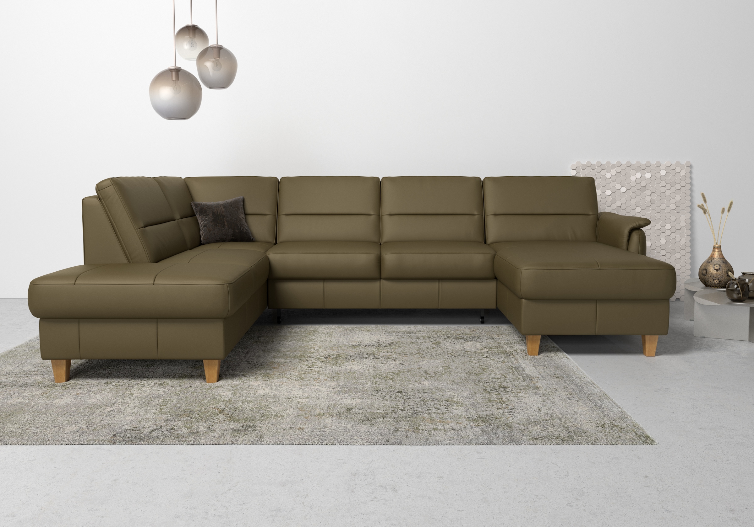 Home affaire Wohnlandschaft "Palmera U-Form, B: 308 cm, große Stoff + Leder Auswahl" mit Schlaffunktion & Bettkasten, Federkern, XXL-Wohnlandschaft