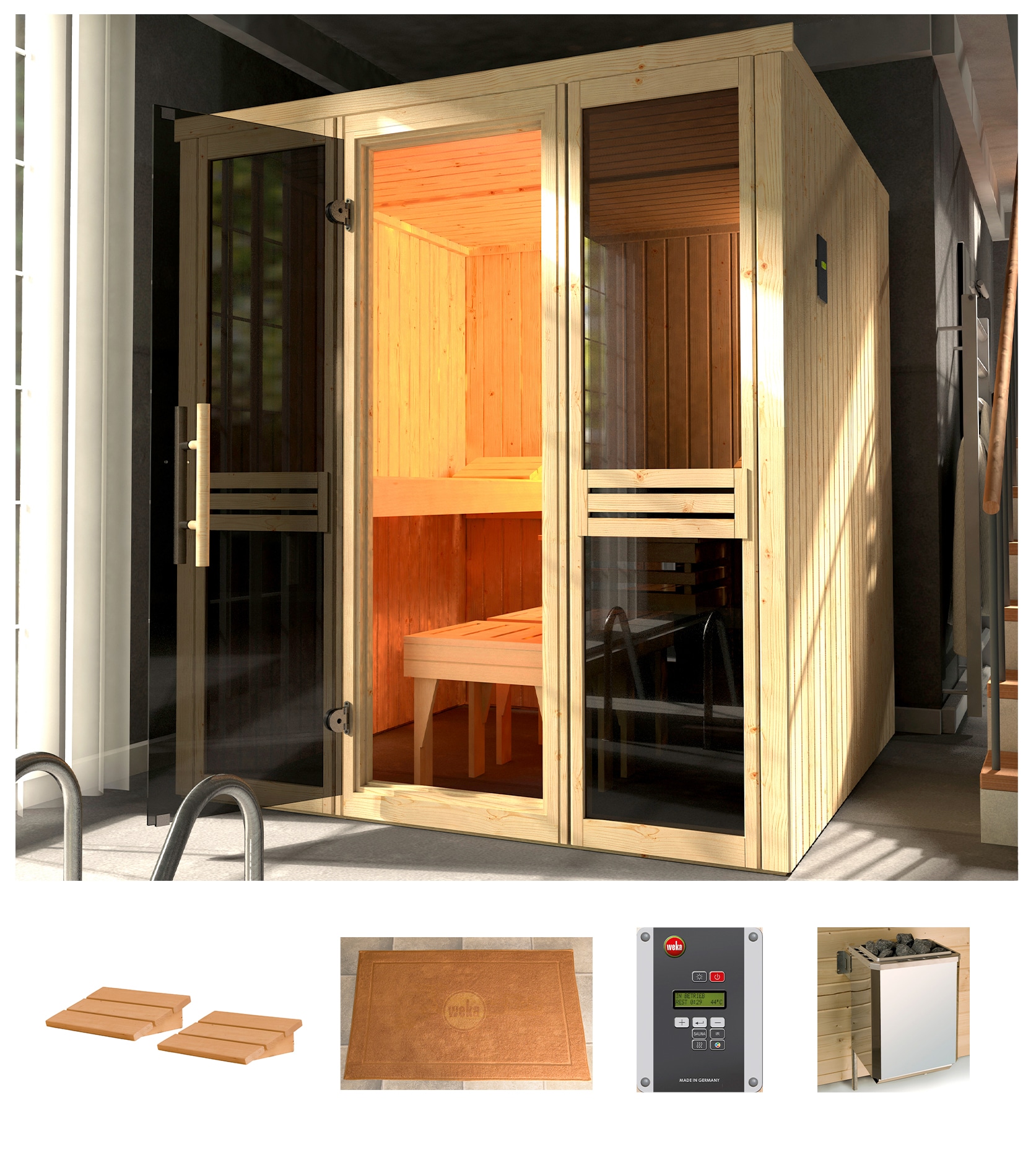 WEKA Sauna "Classic", Bio-Kombiofen, externe Steuerung, 7,5 kW, beige, Saunen, 7,5 kW Bio-Kombiofen mit ext. Strg.