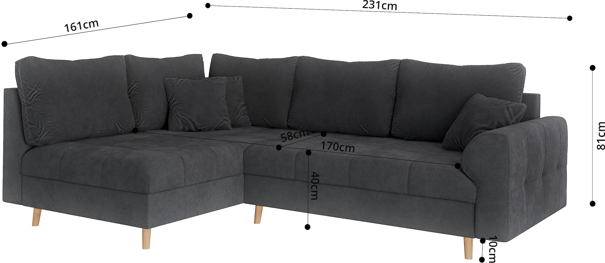 Home affaire Ecksofa »CHARRE L-Form mit Ottomane, Maße B/T/H: 231/161/81 cm«, feine Steppung, lose Rücken- und Zierkissen, auch in Cord und Bouclé