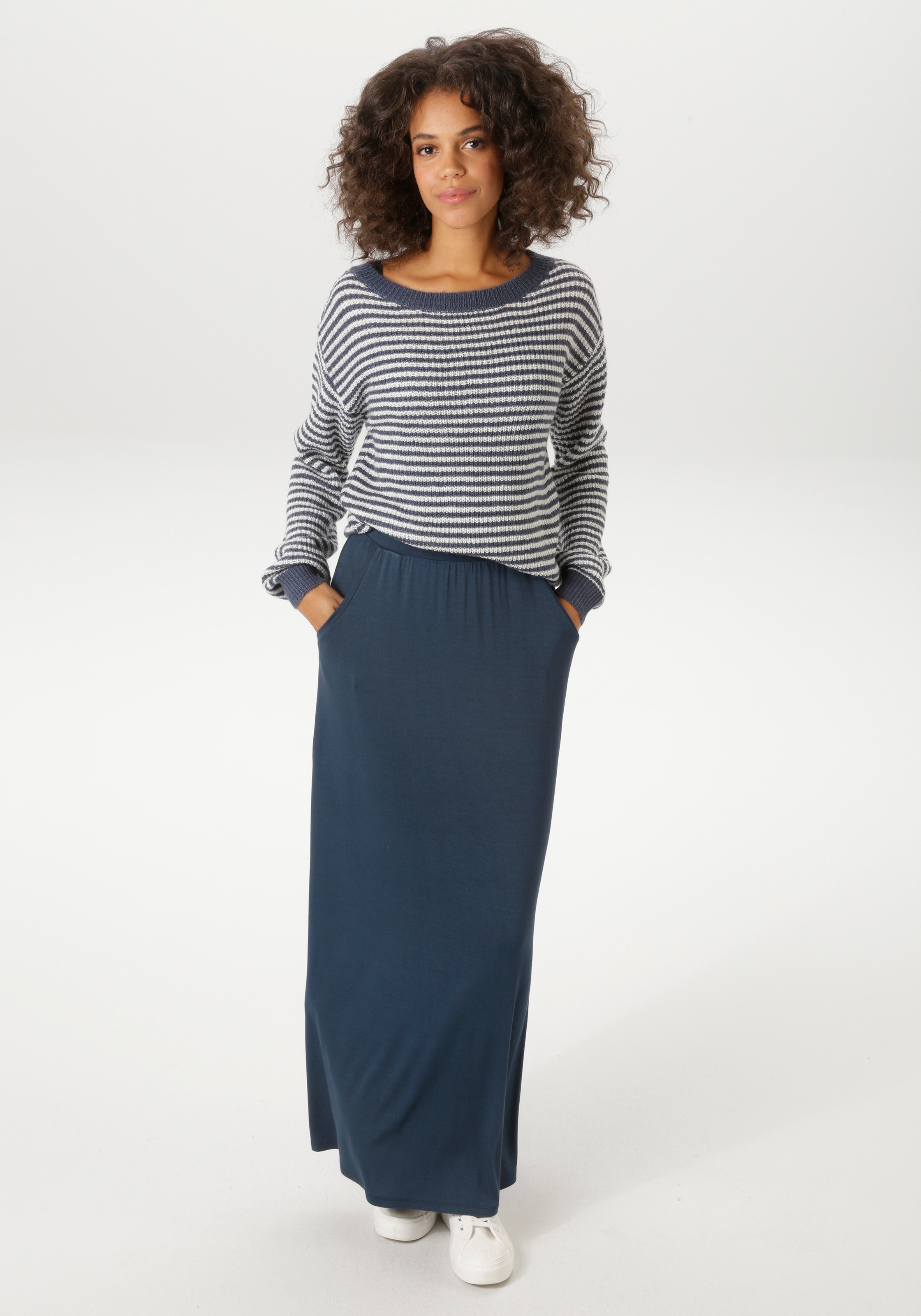 Maxirock ANISTON CASUAL, Damen, Gr. 36, marine, Single Jersey, Obermaterial: 95% Viskose, 5% Elasthan, unifarben, figurumspielend knöchelfrei, Röcke Maxirock, im Marine Look 3