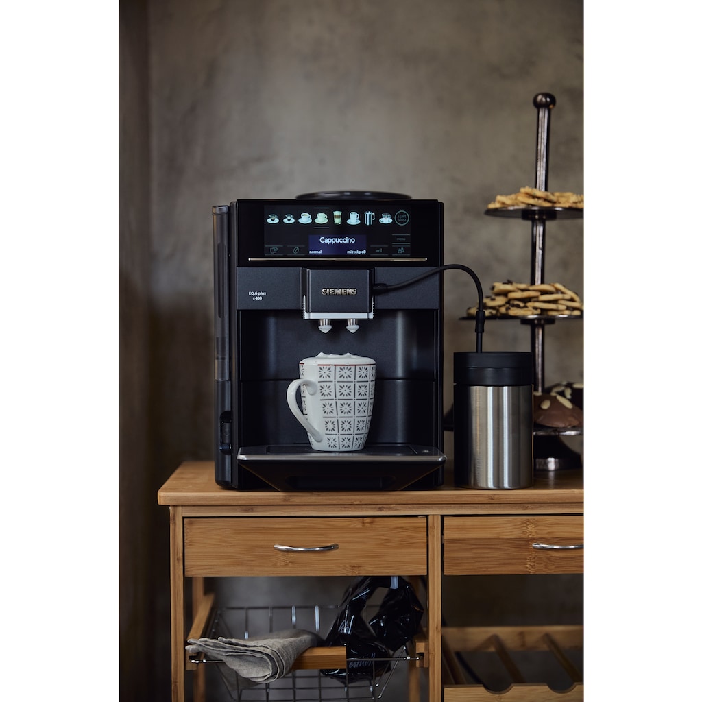 SIEMENS Kaffeevollautomat »EQ6 plus s400 TE654509DE, Doppeltassenfunktion, Keramikmahlwerk«, viele Kaffeespezialitäten, automatische Dampfreinigung, saphirschwarz