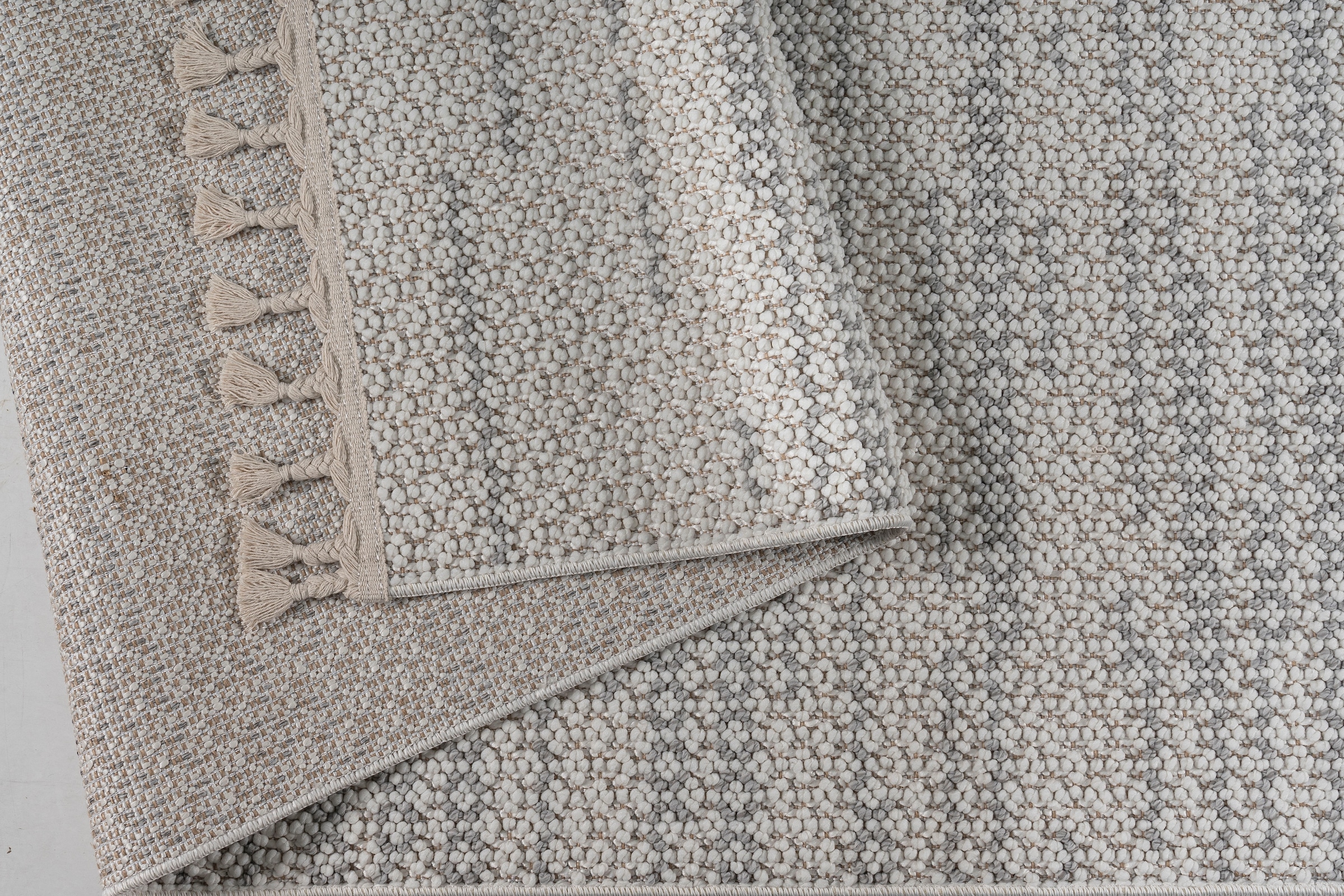 my home Teppich »Mads«, rechteckig, 6 mm Höhe, Boho, Woll-Look, Hoch-Tief-Struktur, In- und Outdoor geeignet, Fransen