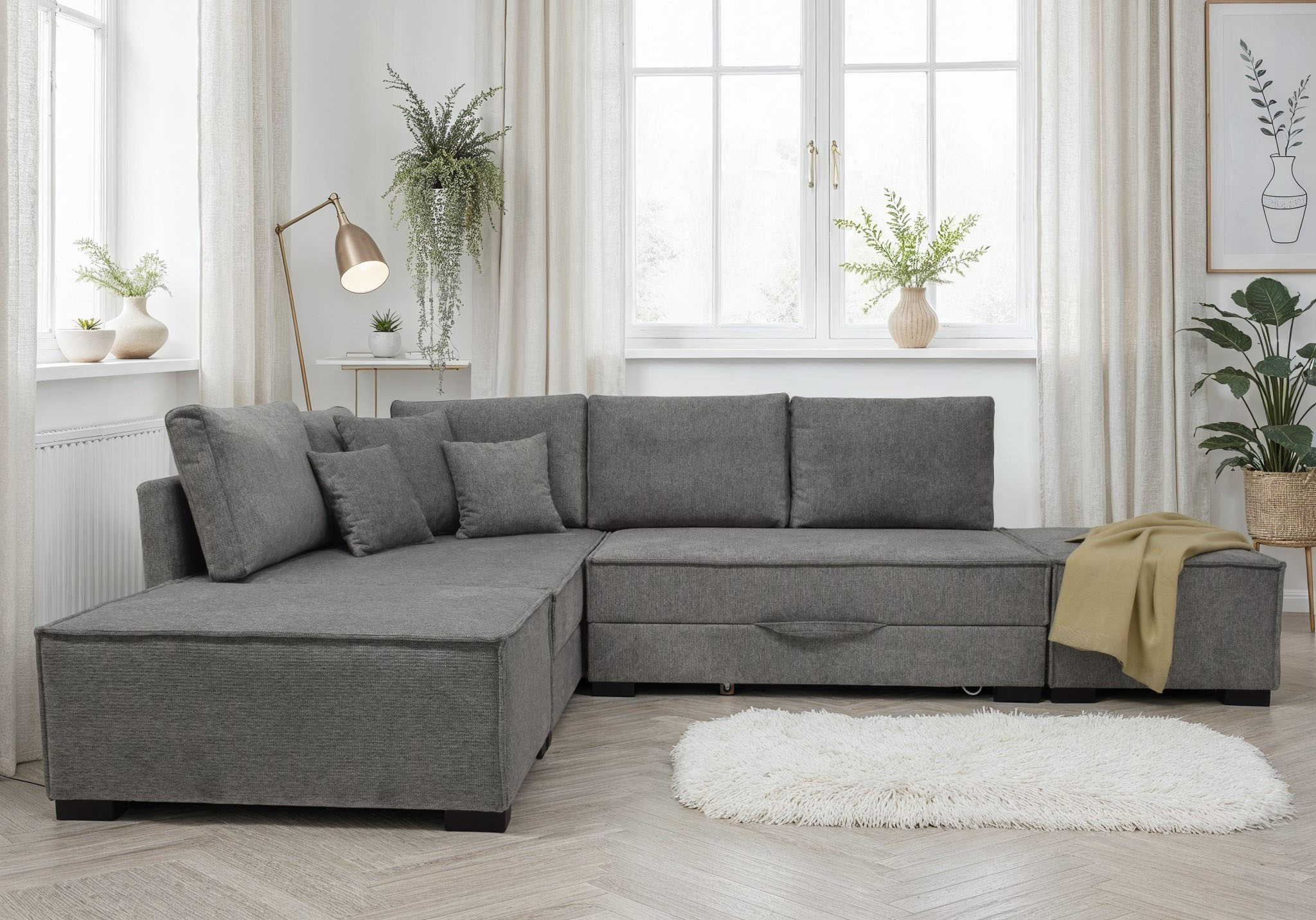 Home affaire "Night & Day L-Form, B: 316 cm mit Dauer-Schlaffunktion 180x200 cm" Set: Sofa & Hocker, Schlaffunktion, Bettkasten & Kissen, Boxspringbett