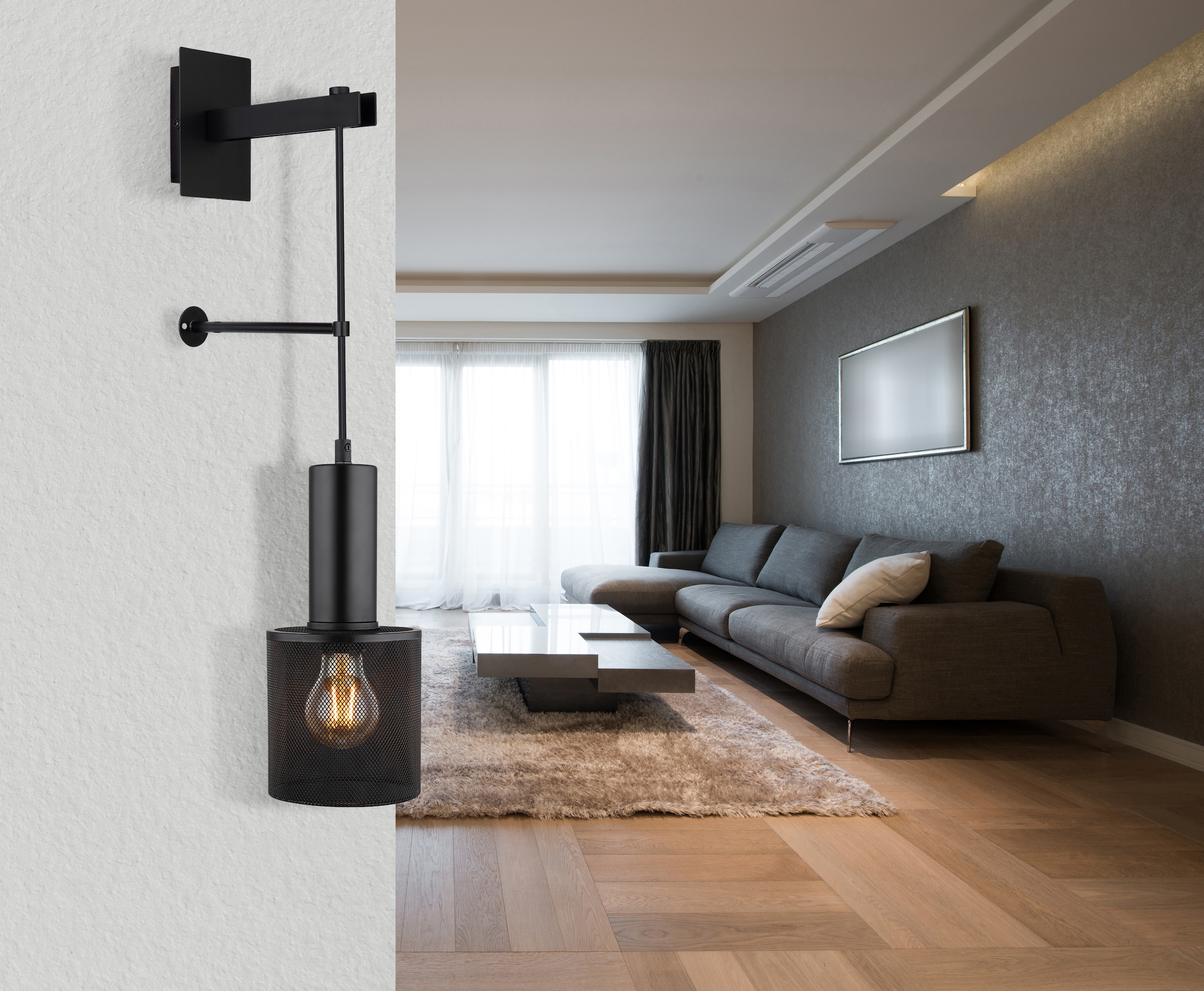 GLOBO LIGHTING Wandleuchte »JEDD«, Leuchtmittel E27 | ohne Leuchtmittel, Wandlampe/Metallgeflecht/schwarz/Wohnzimmer/Flur/inkl. Anschlusskabel