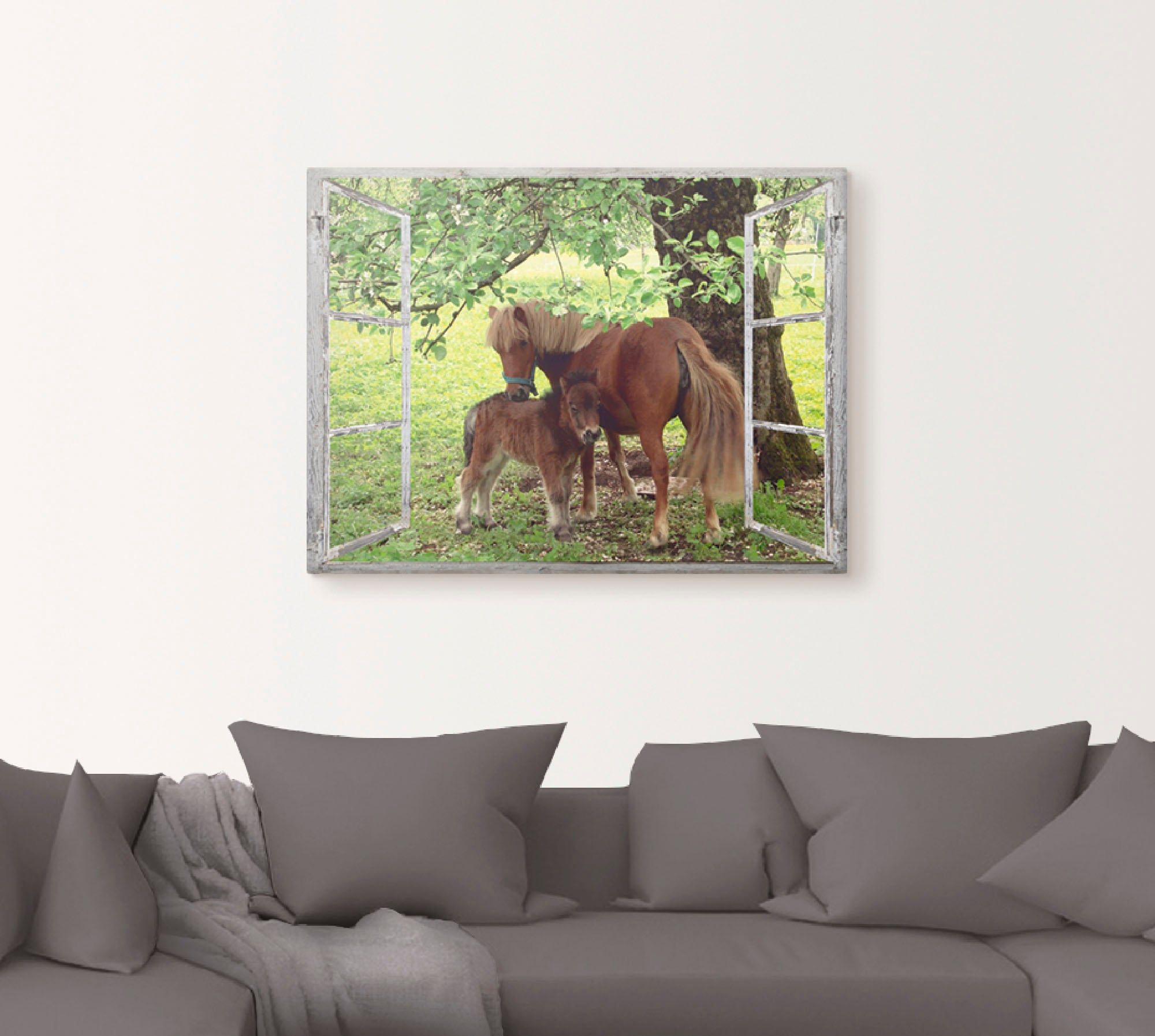Artland Wandbild »Fensterblick - Pony mit Kind«, Haustiere, (1 St.), als Leinwandbild, Poster, Wandaufkleber in verschied. Größen