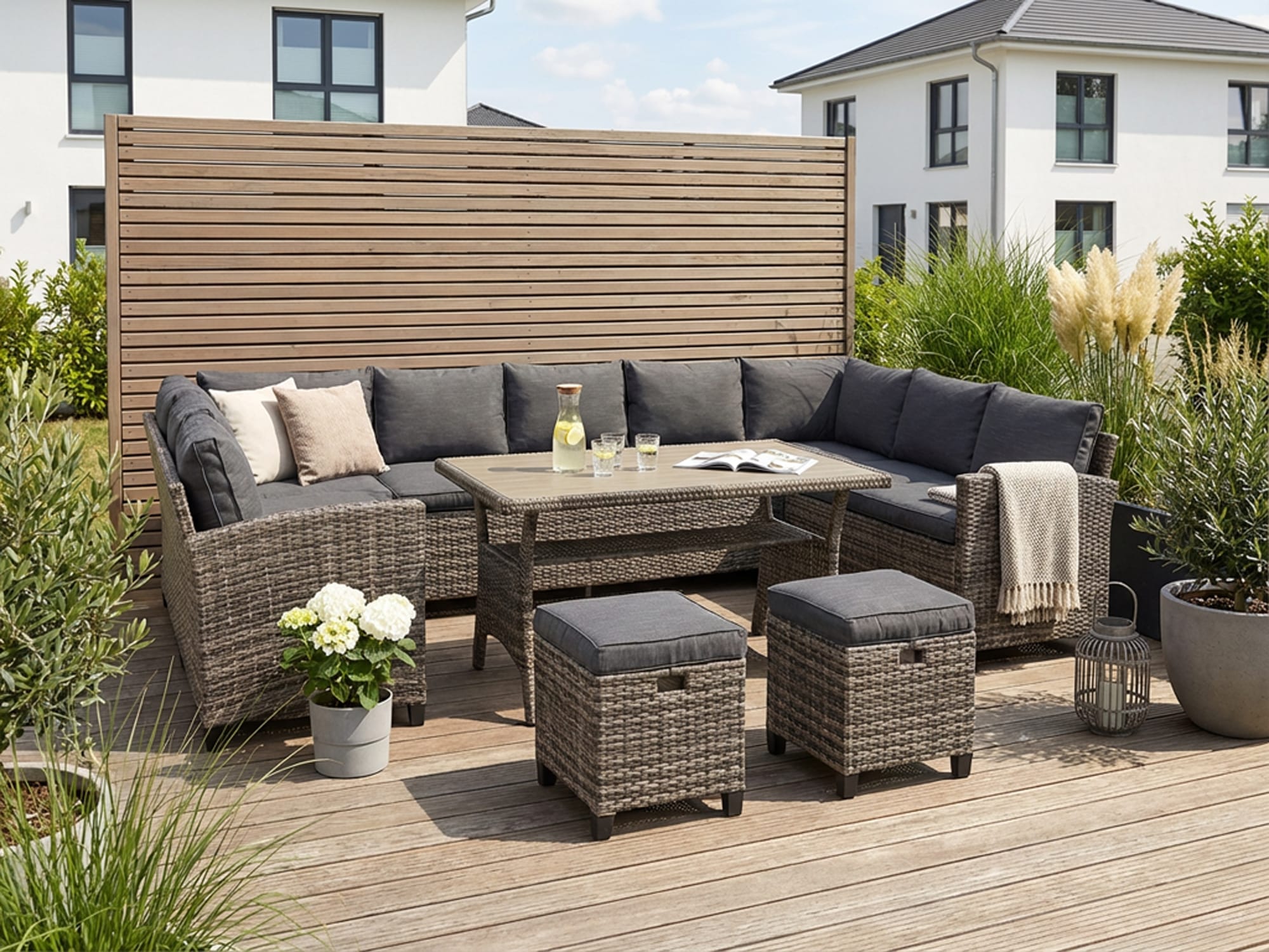 Gartenlounge-Set KONIFERA, grau, Polyrattan, Sitzmöbel-Sets, "Rotterdam", Polyrattan, Stahl, Tischplatte aus Nonwood