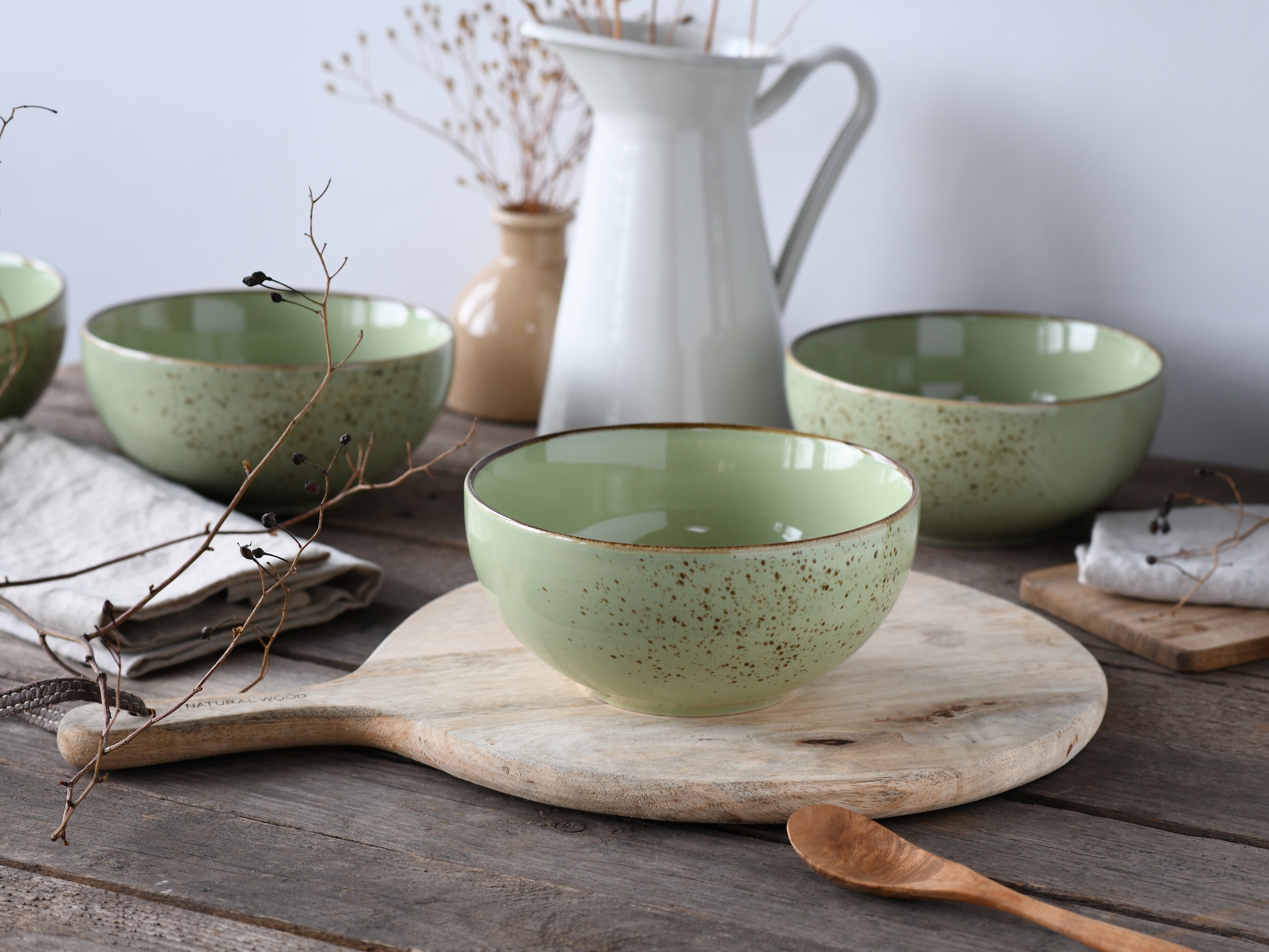 CreaTable Schale »Nature Collection, Buddha Bowl 4-tlg« 4 Stk. aus Steinzeug Handwerklicher Look, Vintage, Höhe 7,5 cm
