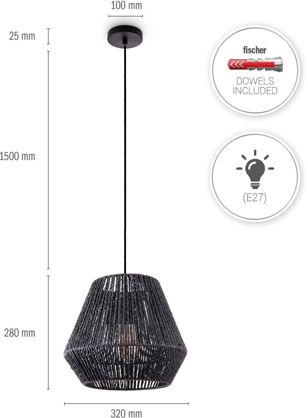 Paco Home Pendelleuchte »Hugo Diego«, Leuchtmittel E27 | ohne Leuchtmittel, Wohnzimmer Esszimmer Rattan Optik Boho Lampenschirm Papier