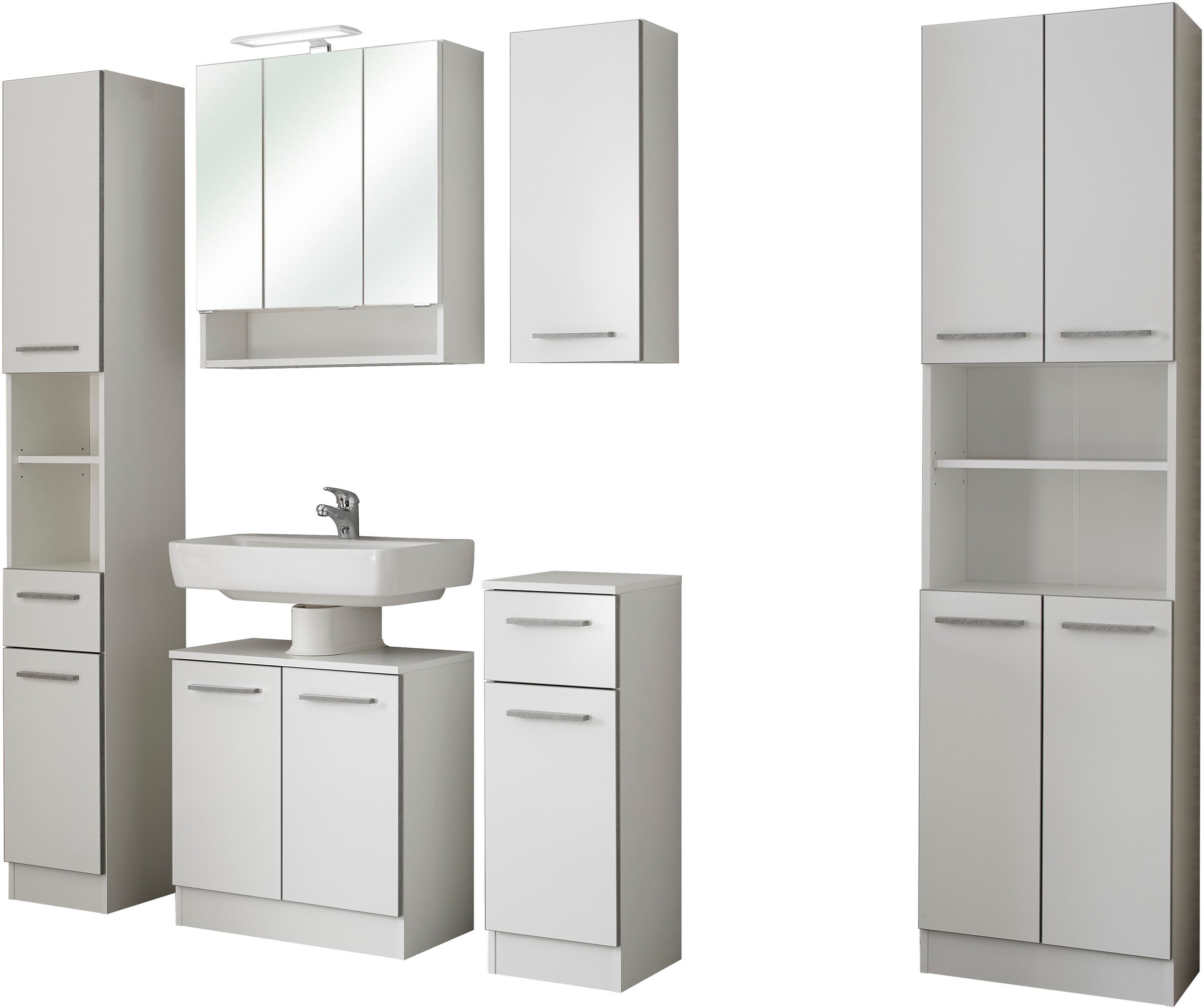 Saphir Badmöbel-Set »Quickset 953 6-teilig, Waschbeckenunterschrank und LED-Spiegelschrank«, (Set, 6 St.), in Weiß Glanz, Badmöbel inkl. Türdämpfer, ohne Waschbecken, 13 Türen