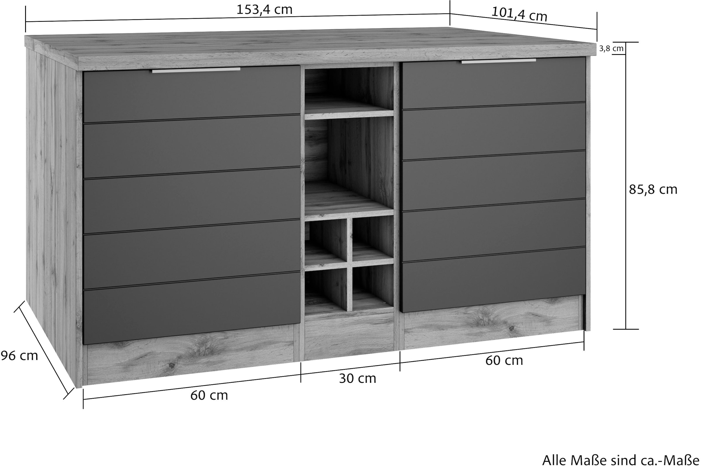 KOCHSTATION Kücheninsel »KS-Luhe, Breite 153 cm, mit Flaschenregal«, MDF-Fronten, Arbeitsplatte 38mm stark