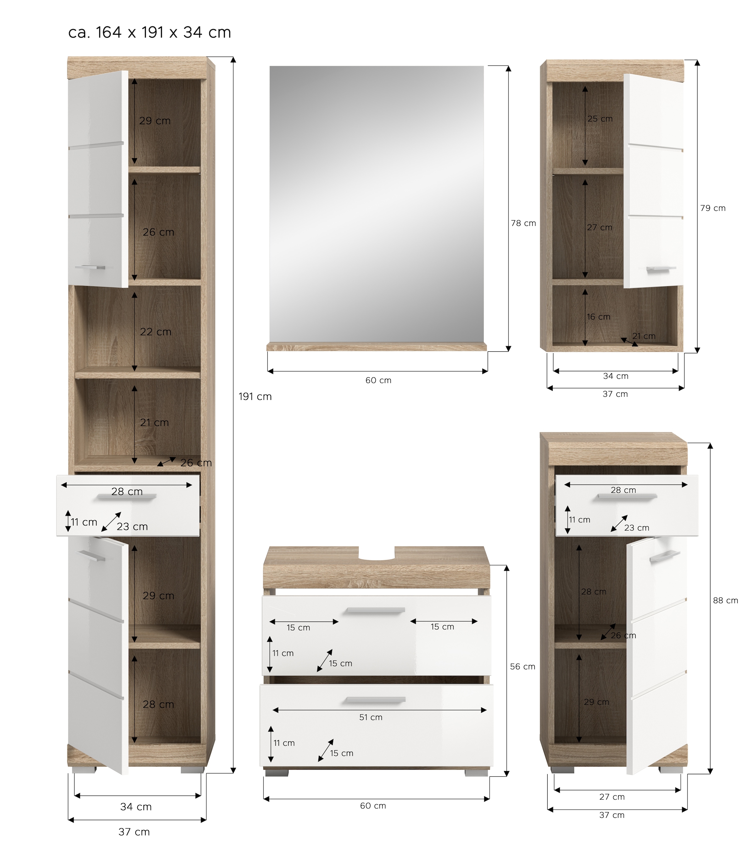 INOSIGN Badmöbel-Set »Siena, 5 teilig, bestehend aus:«, (Set, 5 St.), Hochschrank, WBU, Spiegel, Unterschrank, Hängeschrank