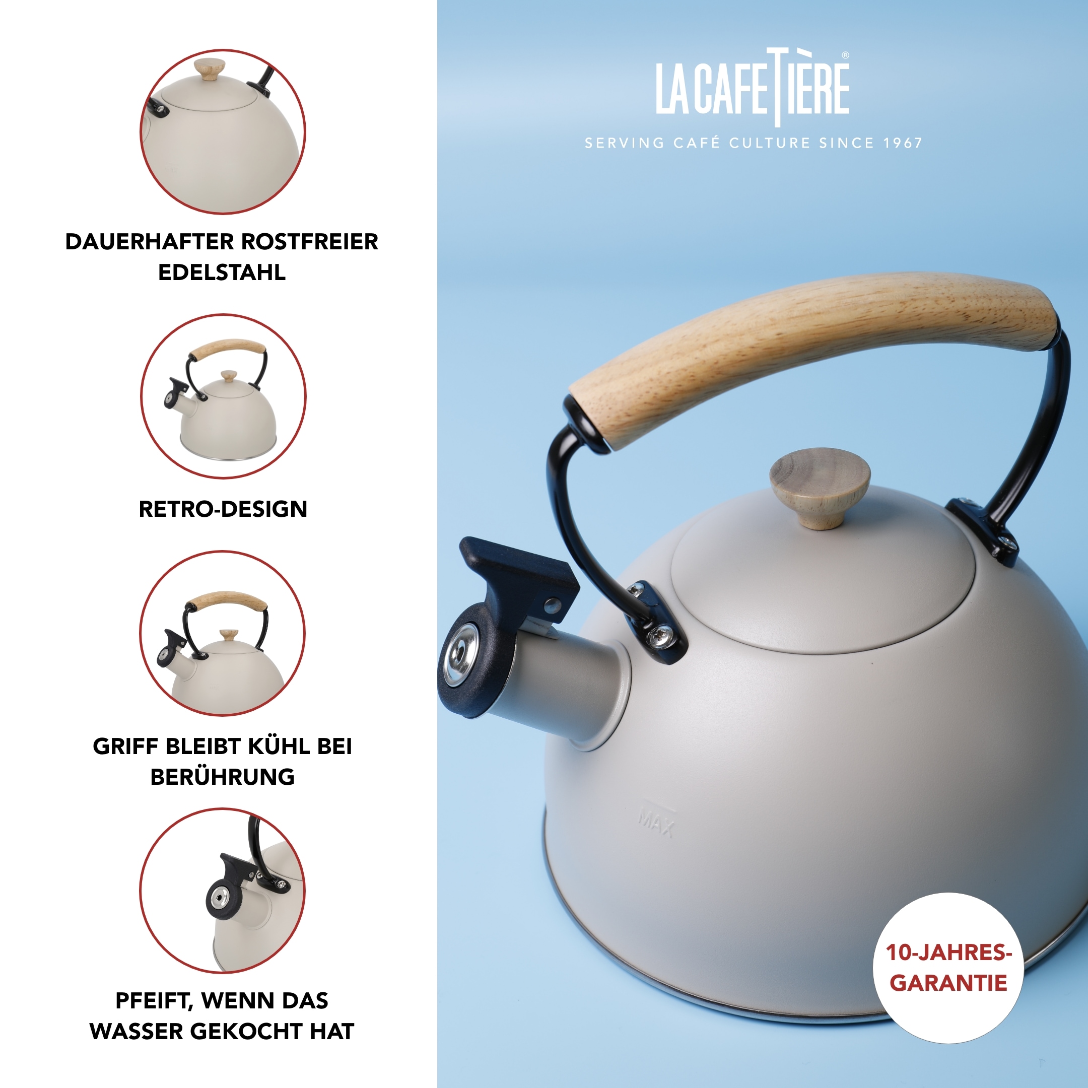 La Cafetière Wasserkessel »La Cafetière«, (1 tlg.), pfeifend, mit Holzgriff, 1,6 Liter, Induktion