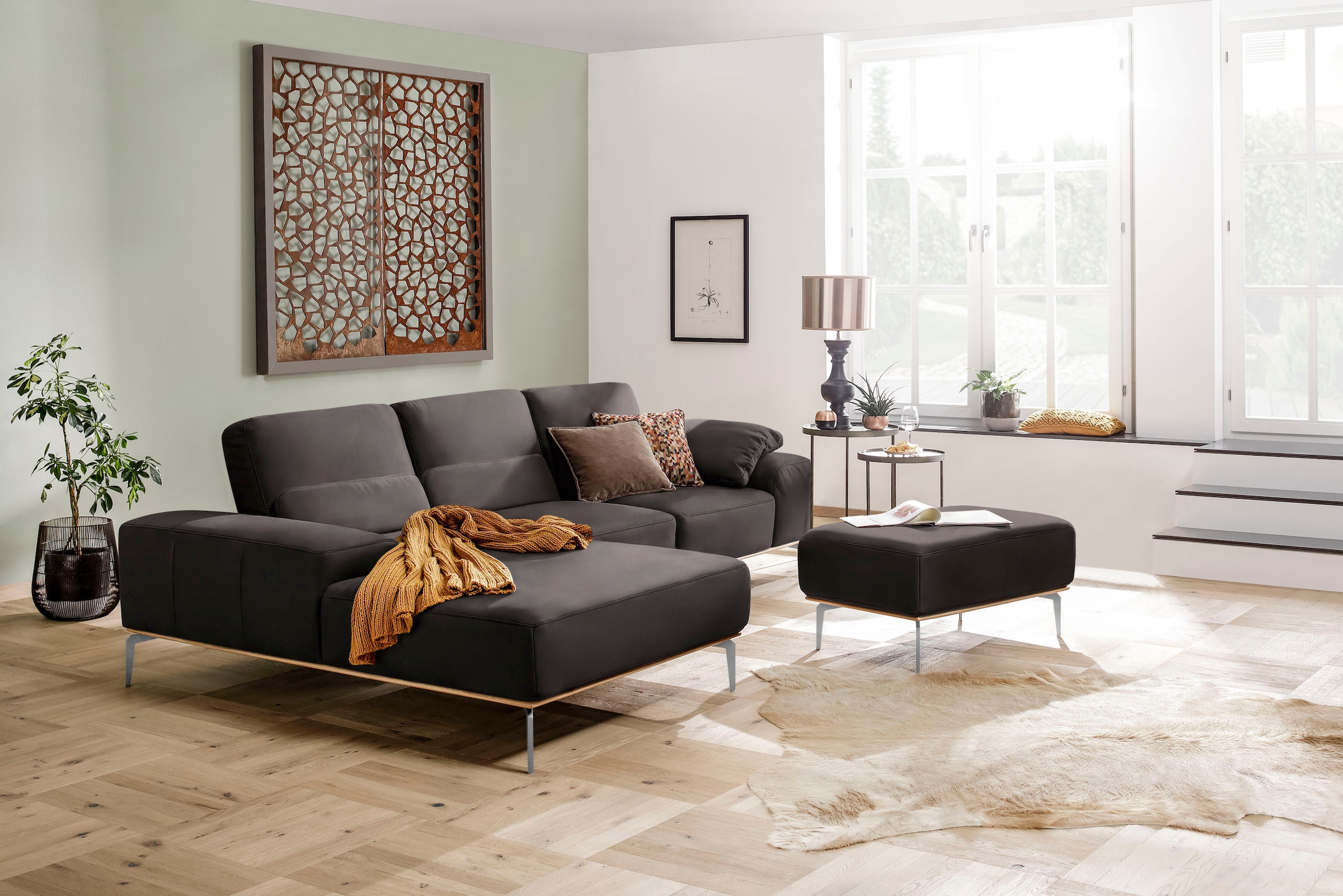 W.SCHILLIG Polsterhocker »run«, mit elegantem Holzsockel, Füße in Chrom glänzend, Breite 75 cm