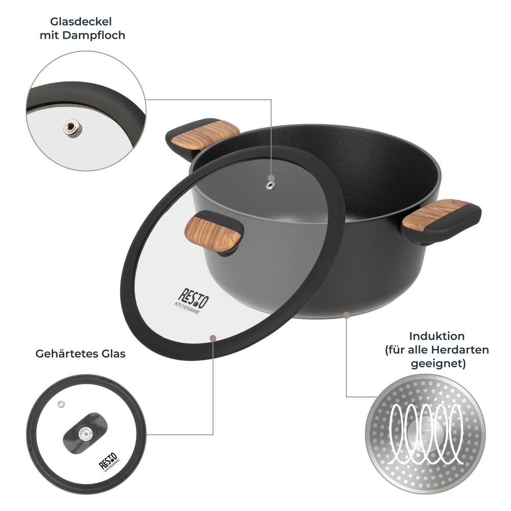 RESTO Kitchenware Kochtopf »Mon, Bratentopf antihaftbeschichtet und spülmaschinenfest«, Aluminium, (2 tlg.), mit Glasdeckel und stoßdämpfendem Silikonrand, im Geschenkkarton