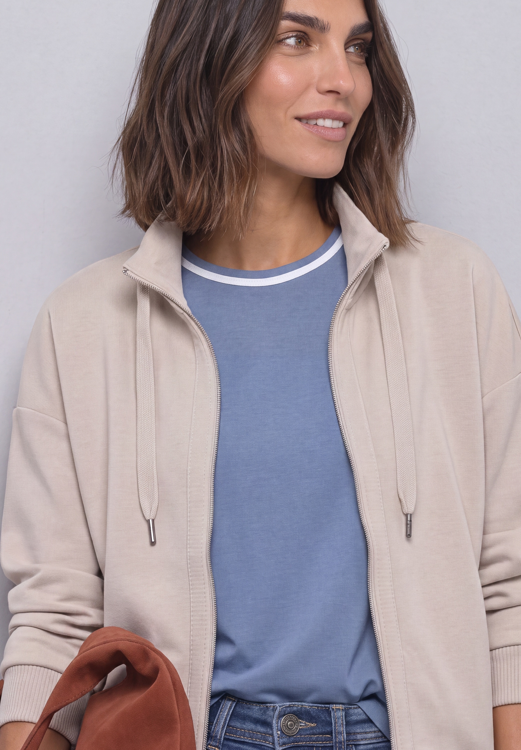 STREET ONE Sweatjacke 3/4-Arm Jacke im Silk-Look mit Rippdetails