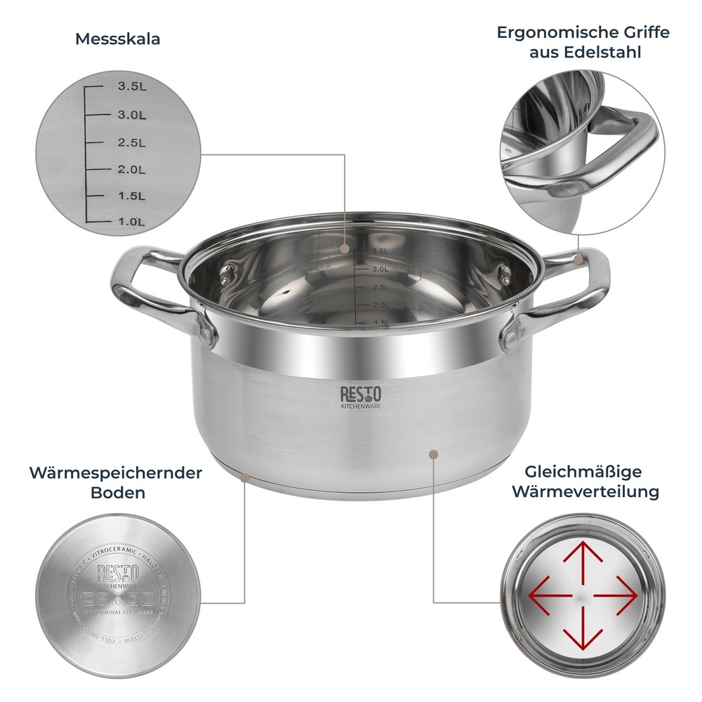 RESTO Kitchenware Kochtopf »Libra, Topf energiesparend und spülmaschinenfest«, Edelstahl 18/10, (2 tlg.), mit hitzebeständigem Glasdeckel und Griffen