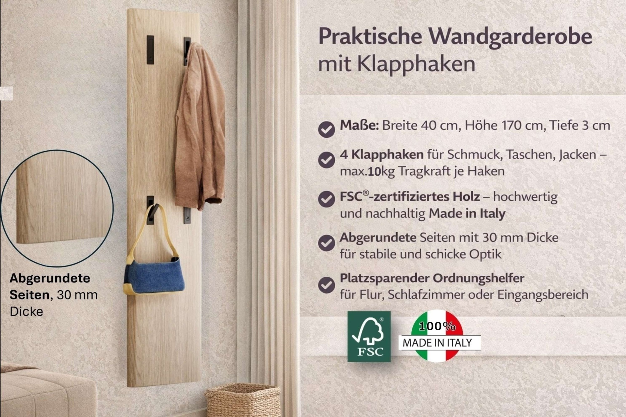 Home affaire Garderobenpaneel »DILLON, Garderobenwand, Paneel, 4 Klapphaken, Made in Italy,« 1 Stk. tlg. Breite 40 cm, Höhe 170 cm, mit abgerundeten Seiten, Made in Italy