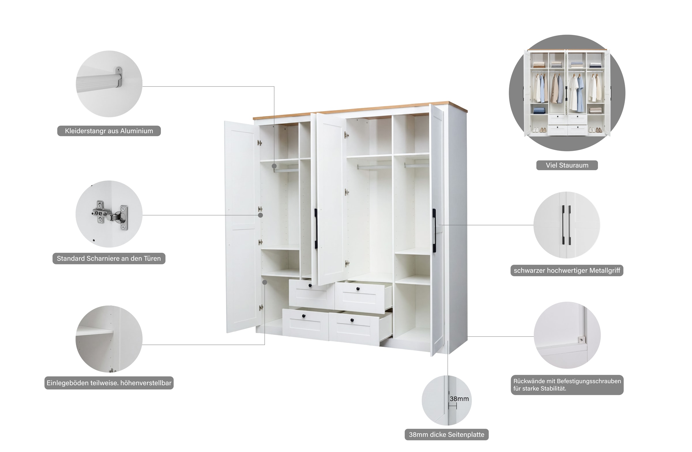 OTTO home Kleiderschrank »Büsum Schlafzimmer Schrank mit 4 Türen und Spiegel« Schlafzimmerschrank Landhaus Design Garderobe Schrank Bestseller