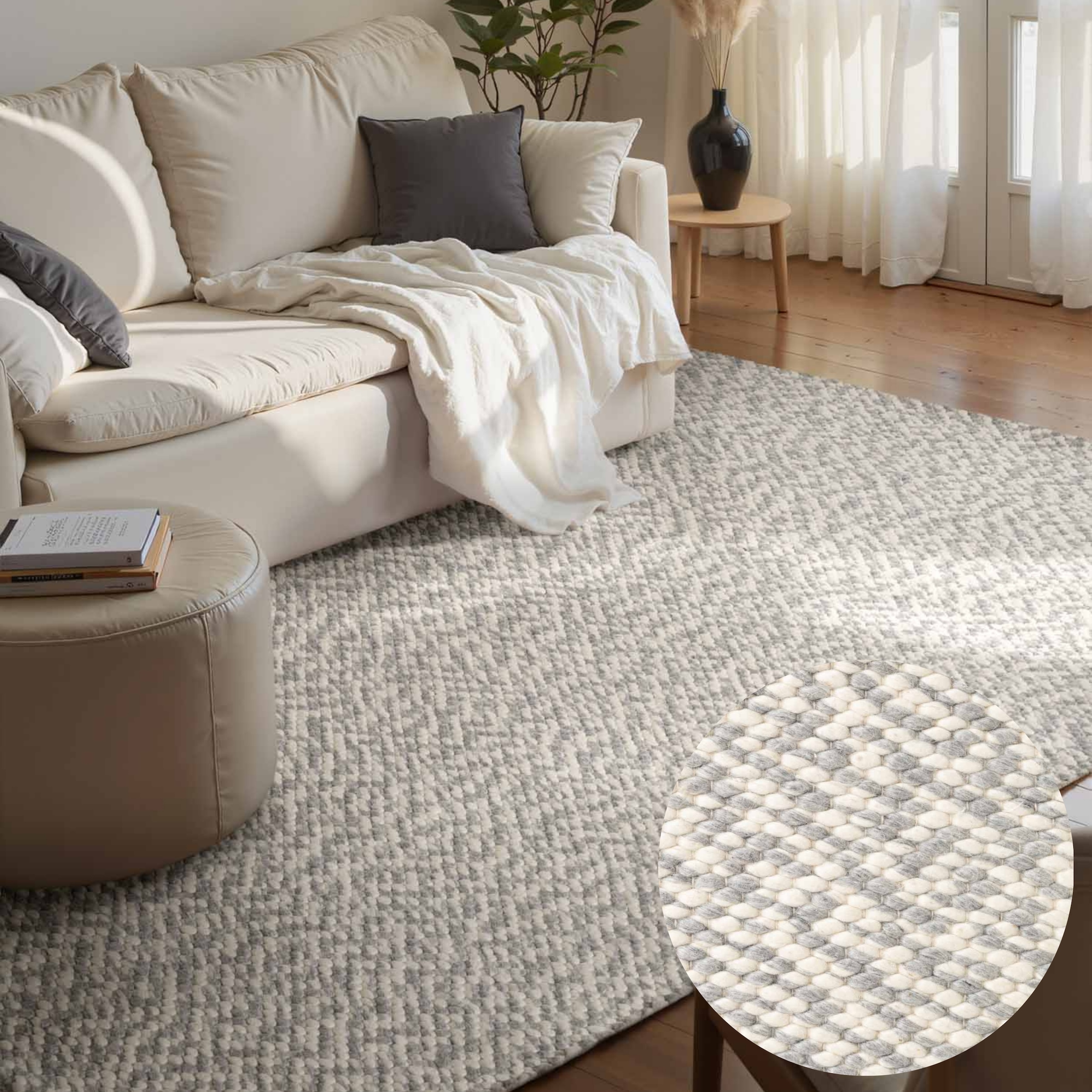 Wollteppich ELLE DECORATION "Beans", meliert, grau, natur, B:200cm H:10mm L:290cm, Wolle, Teppiche, Handweb Teppich Wolle, Perlenstruktur, Wohnzimmer, Schlafzimmer, Flur