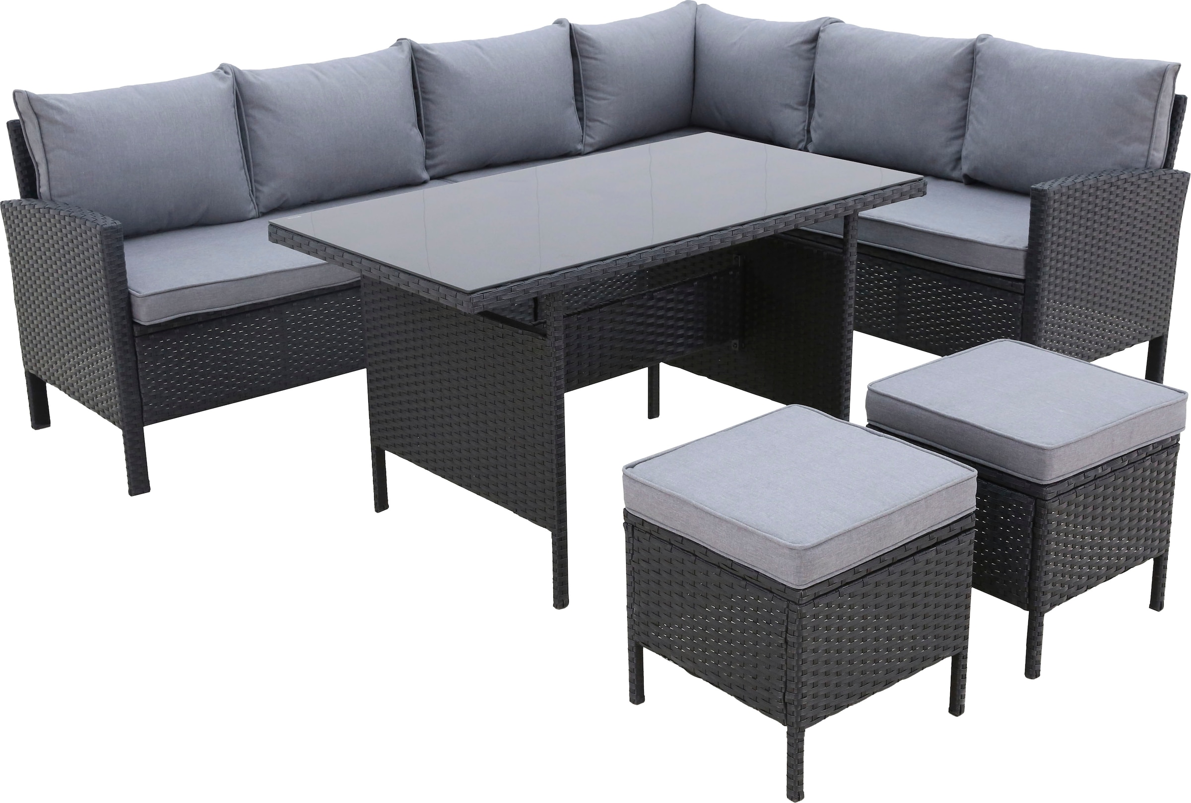 KONIFERA Gartenlounge-Set »»Manhattan««, (Set, 18 tlg., Ecklounge, Tisch 66x120x74 cm, 2 Hocker, inkl. Auflagen), Stahl/Polyrattan